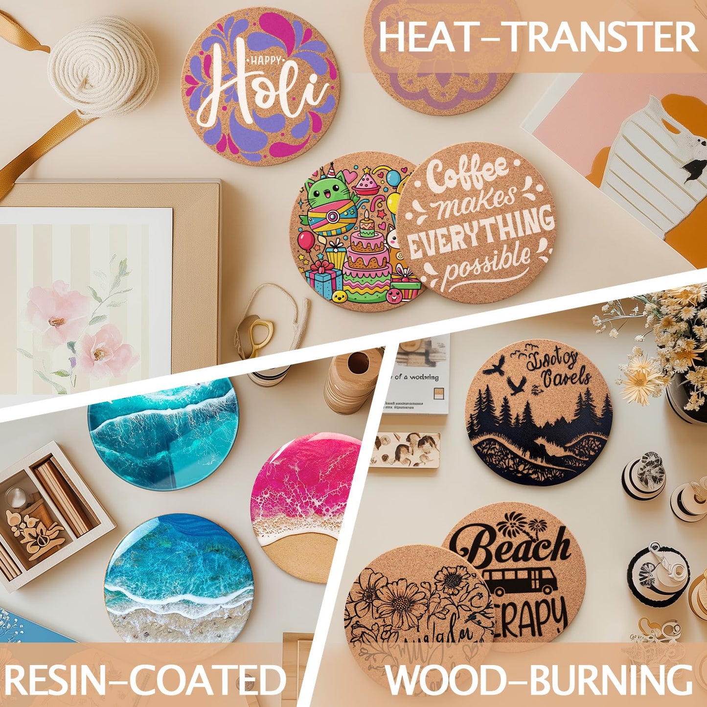 60 PCS Cork Coasters for Laser Engraving, GOH DODD Thicken Absorbent Mats Blank Coasters Bulk Tabletop Protection Plant Saucers for Drinks Wood Burning Arts Crafts DIY Resin Gifts, 4 Inch, Round