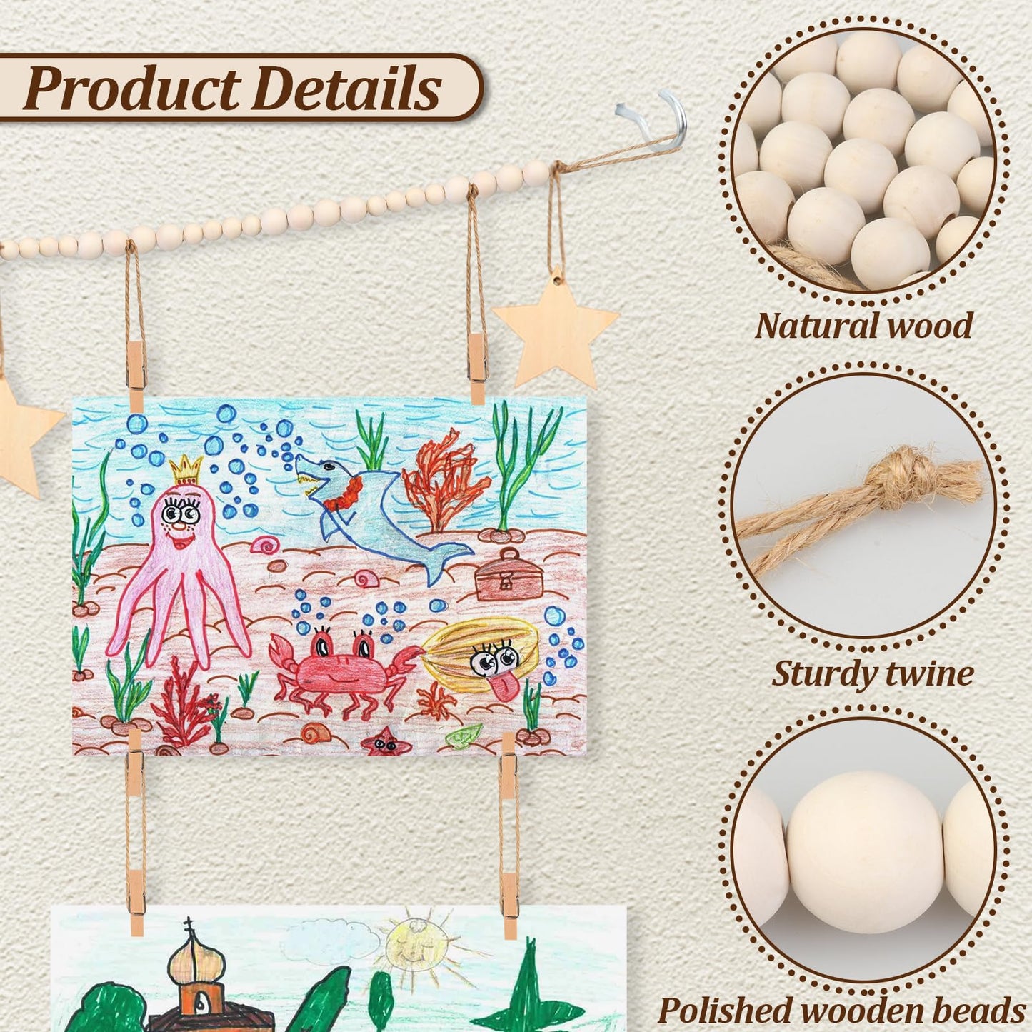 Dexspoeny Art Display for Kids Artwork on Wall with 72 Clips, 48 Twine, Boho Bedroom Living Decor Wooden Stars Beads Garland Decor for Hanging Picture