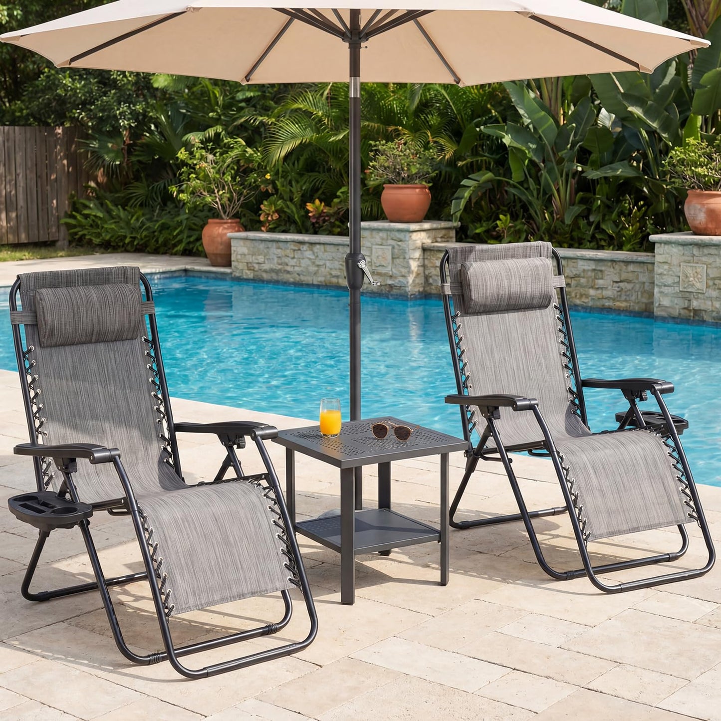 NEWBULIG Zero Gravity Chair Set of 2, Lounge Chair Folding Portable Adjustable Camping Reclining Chairs with Adjustable Pollow, Mesh Back, Cup Holder Trays Lawn Patio Chair for Pool Beach - Grey
