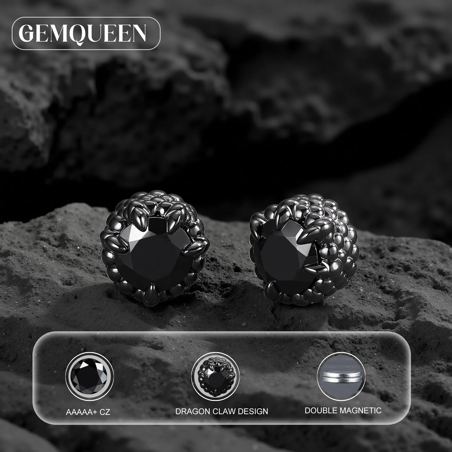 GEMQUEEN Magnetic Earrings for Men Women - 5A Shiny CZ Dragon Claw Punk Hypoallergenic Stainless Steel Non Piercing Clip on Fake Earrings Studs Black 8MM Not Easy to Fall