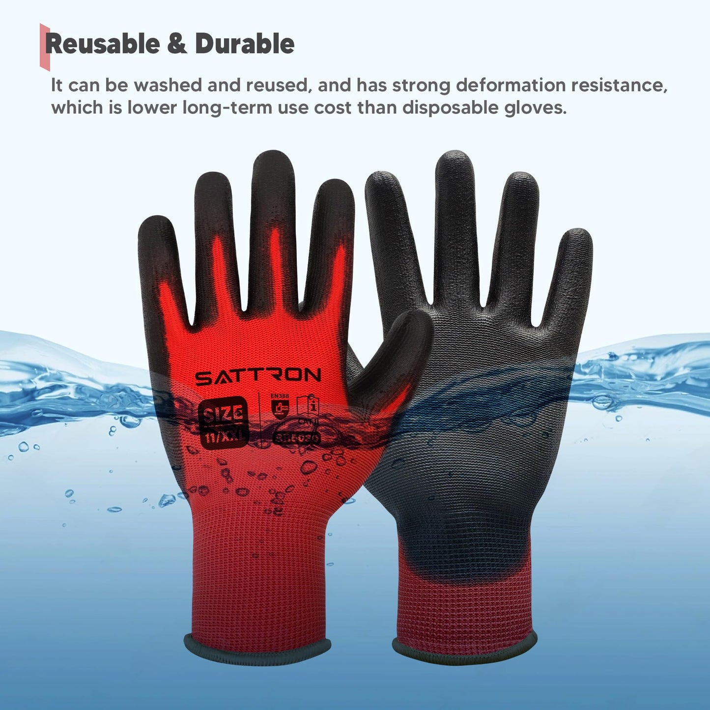 SATTRON Safety Work Gloves PU Coated, 12 Pairs Seamless Knit Gloves with Polyurethane Coating Working Gloves Excellent Grip for Men & Women, Breathable, Ideal for General Duty Work DIY (Red, X-Large)