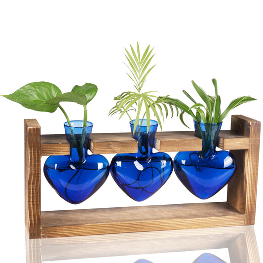 Kingbuy 3-Heart Plant Terrarium Kit with Vintage Wood Stand - Stained Glass Vase Propagation Station, Wall-Mounted & Tabletop Indoor Decor for Home Kitchen Wedding Gift, Blue