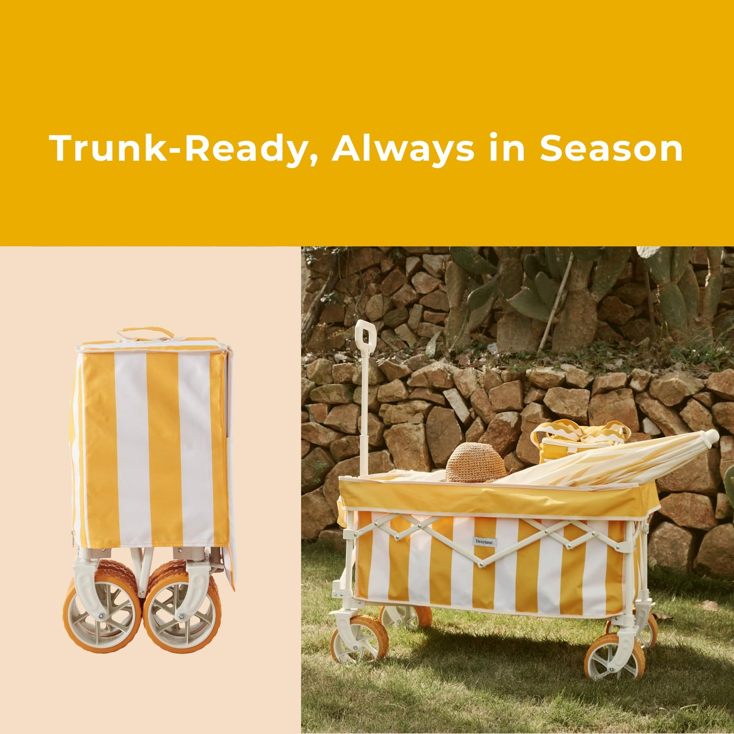 DEER LAND Beach Wagon for Sand with 6.7" Fat Tires, Foldable Beach Cart for Beach & Camping, Large Capacity Easy-Pull Wagon, Cala Serena Ochre Stripe