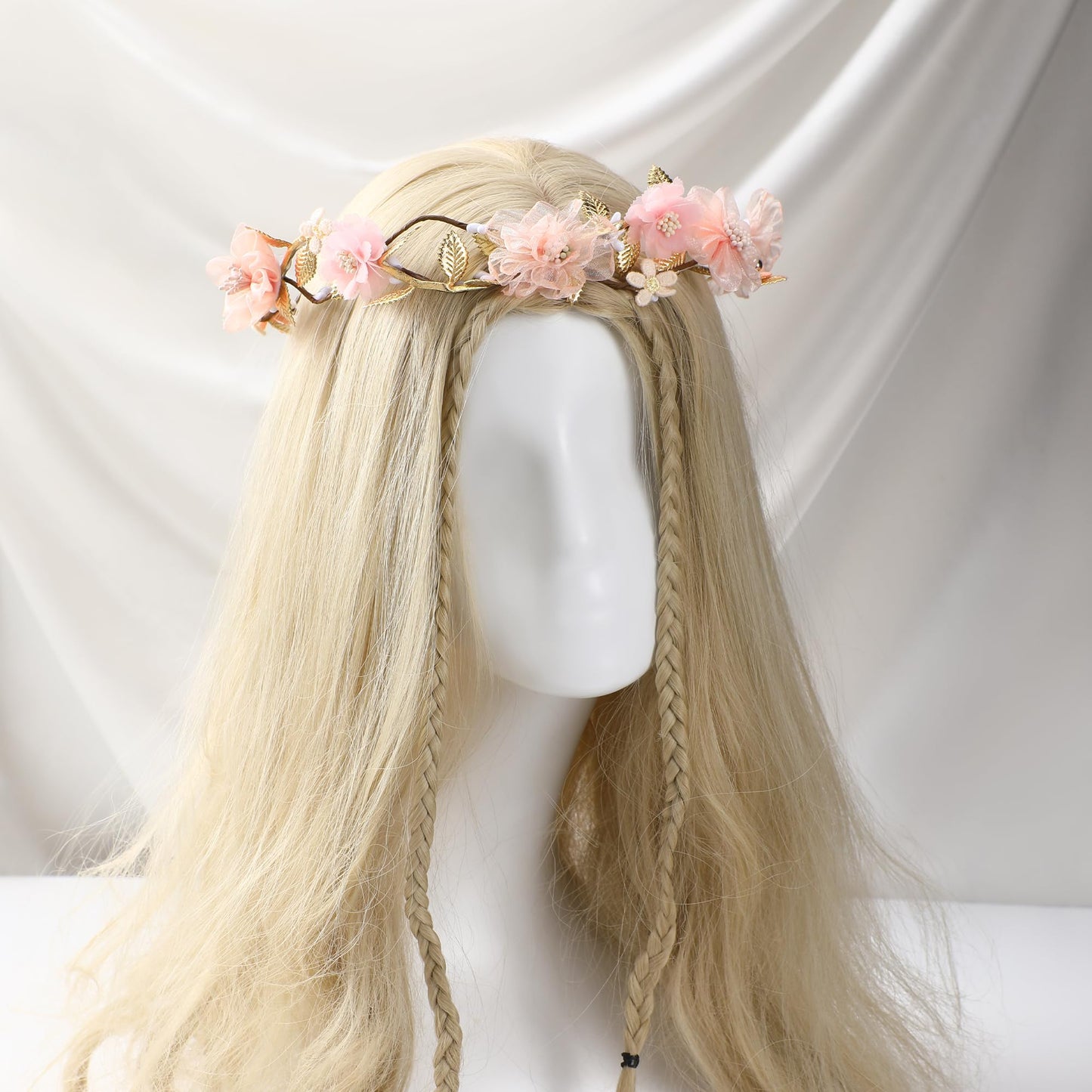 KorViSHOW Pink Flower Crown Headband - Floral Headband for Women Floral Girl Headpiece Fairy Flower Renaissance Hair Accessory for Girls Women Birthday Wedding Party Photo Props