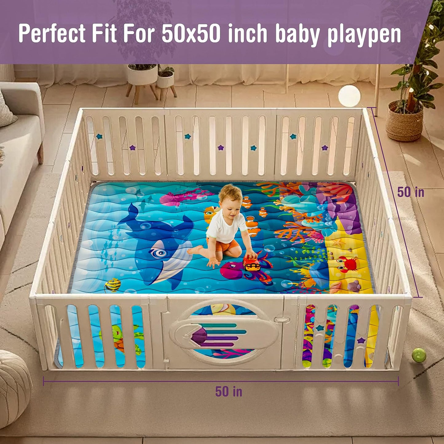 Baby Play Mat, 50x50 Thickened Playpen Mat, Waterproof & Non-Slip, Foldable Baby Play Mat for Floor, Machine Washable Crawling Mats for Infants & Toddlers, Floor Activity and Playing & Learning, Sea World