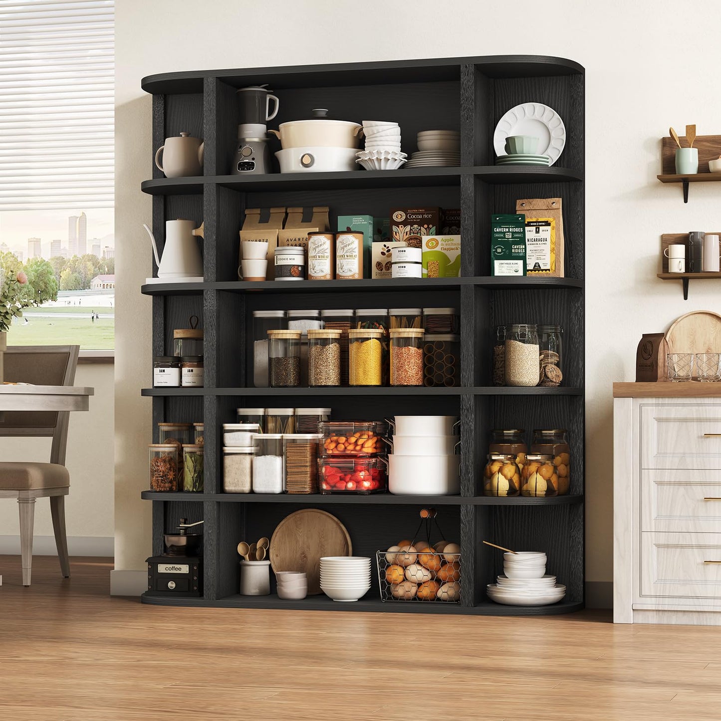 TVU 5-Tier Wood Book Shelf, 47" Wide Large Bookshelf and Bookcase, 62" Tall Bookshelf with Curved Side Shelves, Freestanding Wood Display Book Shelves for Living Room, Home Office, Black