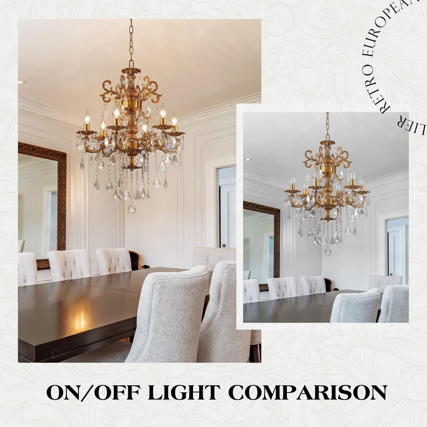 MEELIGHTING Luxury Antique Bronze Crystal Chandeliers with Candle Pendant Ceiling Light Fixture - 6 Lights Gold Crystal Chandelier for Dining Room, Living Room, Kitchen, Bedroom - D23 inch