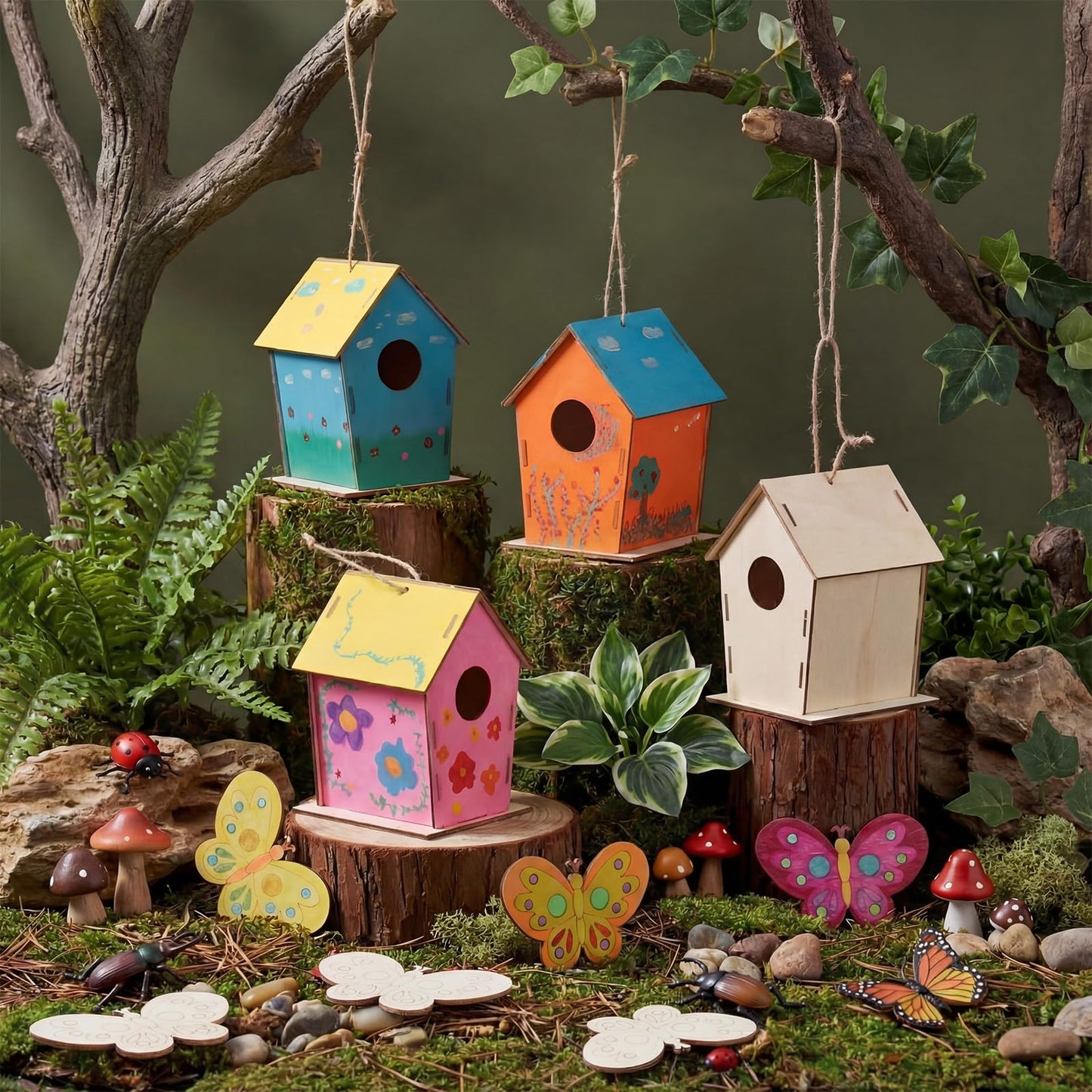 DoubleFill 24 Pack Wooden Bird Houses Bulk, Butterfly Wood Chips for DIY Unfinished Hanging Birdhouse Kits, Wooden Craft Houses to Paint VBS Craft Family Crafts Party Favor