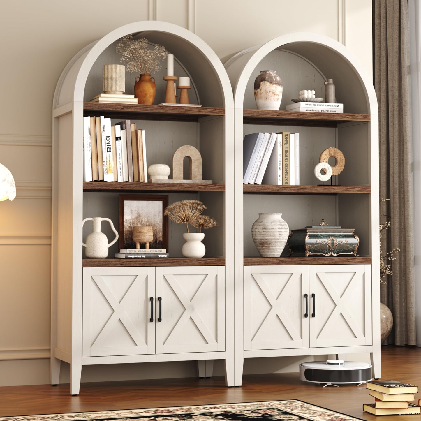 Yusong 71" Tall Arched Bookcase, 5-Tier Arched Bookshelf, Arch Cabinet Display Cabinet with Doors and Adjustable Shelf, Modern Farmhouse Kitchen Pantry for Living Room Bedroom, White