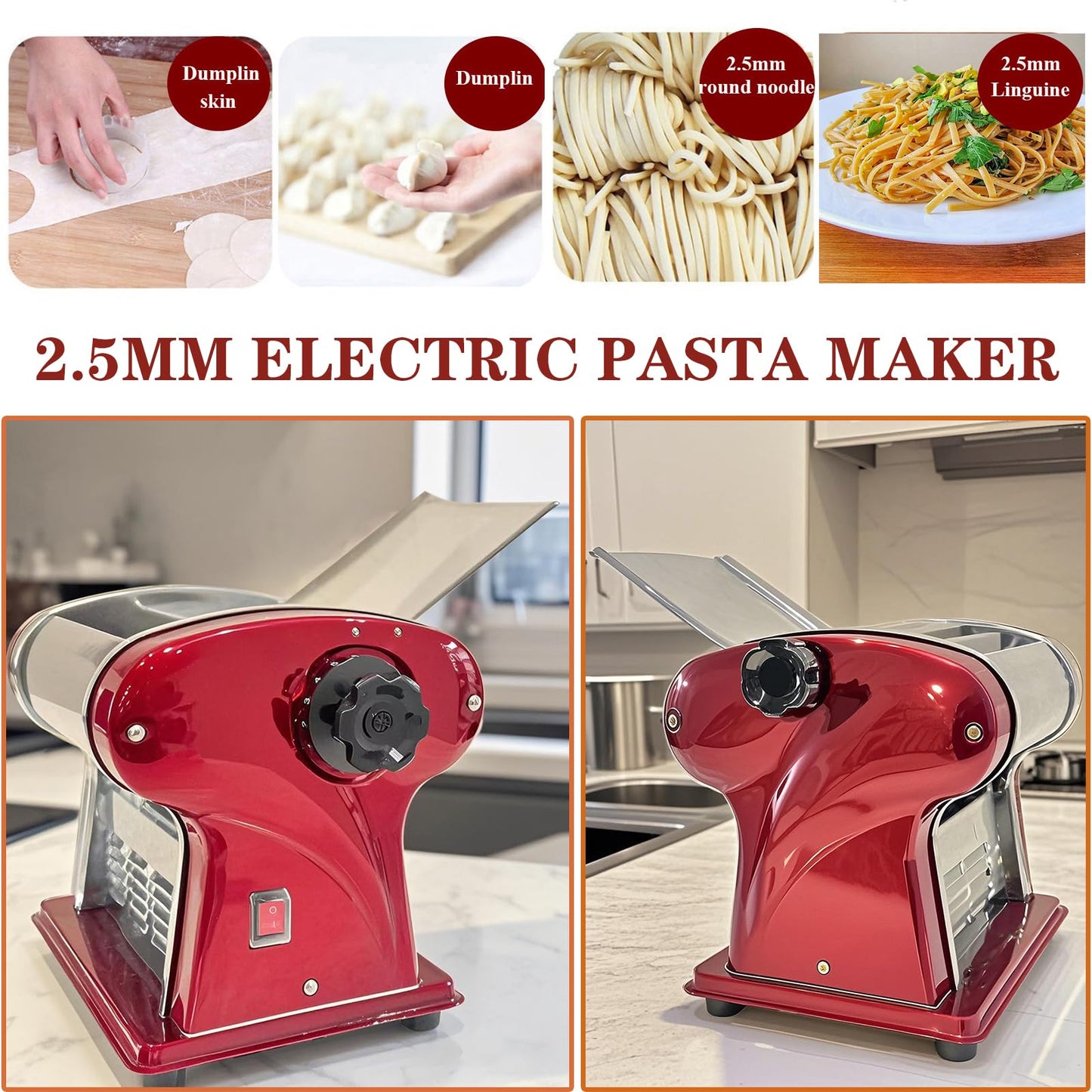 SHILINTONG Electric Pasta Maker Household Noodle Making Dough Pressing Machine Built-in 2.5mm Cutter 135W 5Kg/H Output for Commercial Home Use