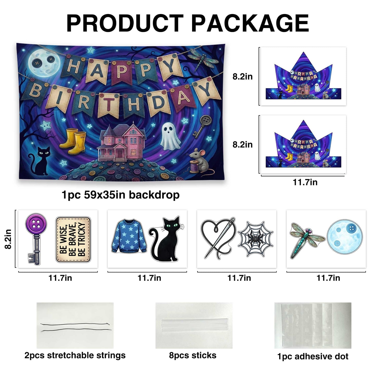 Allenjoy Horror Movie Halloween Cat Party Decorations Set - 11 Piece Kit with 59"x35" Backdrop, 2 Headbands, 8 Photo Booth Props, Decor Supplies, Favors for Boys Girls Men Women