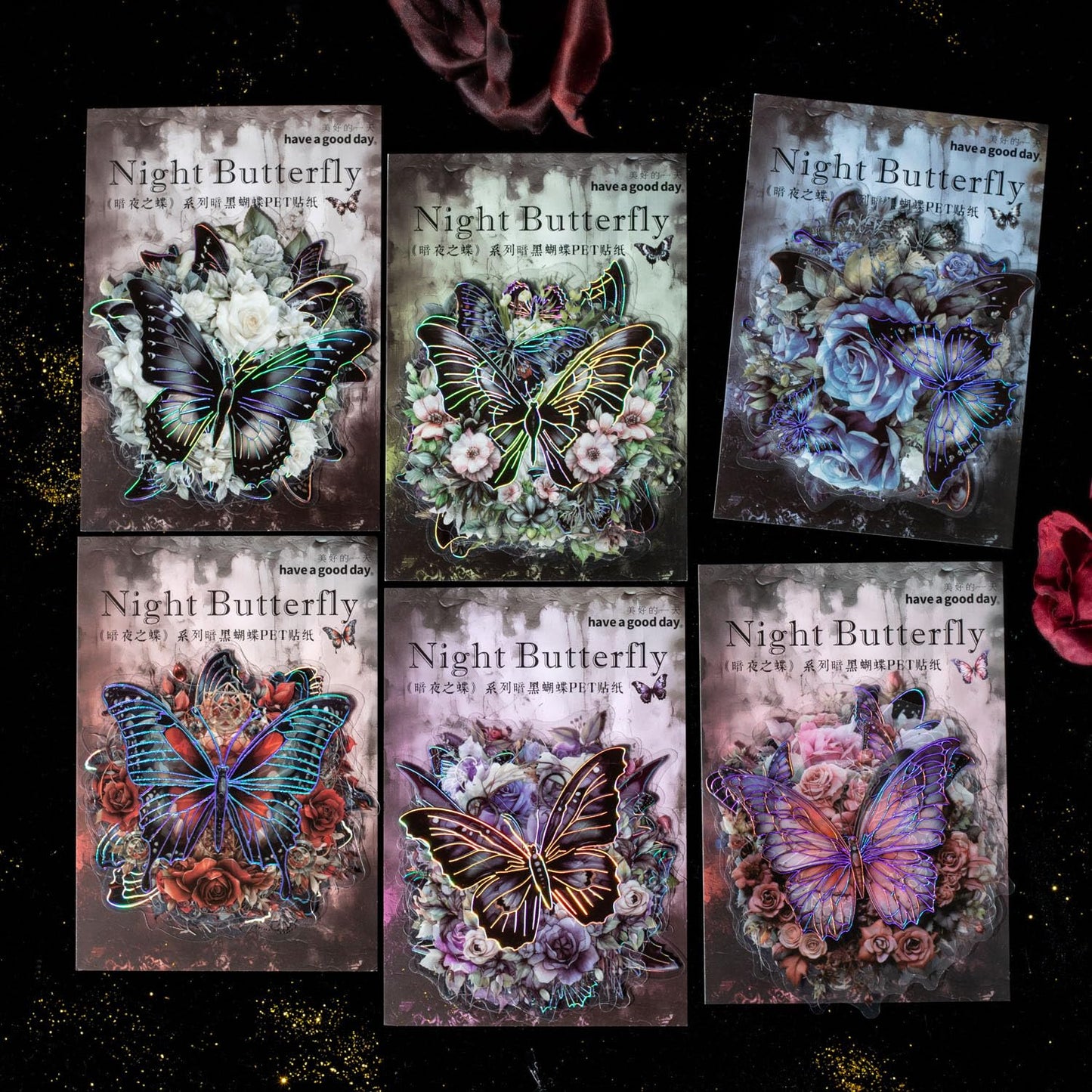 Yoksas 60Pcs Vintage Gothic Holographic Shiny Butterfly Flower Stickers - Clear Waterproof Dark Spooky Butterfly Stickers for Scrapbooking,Junk Journals,Witchcraft Supplies