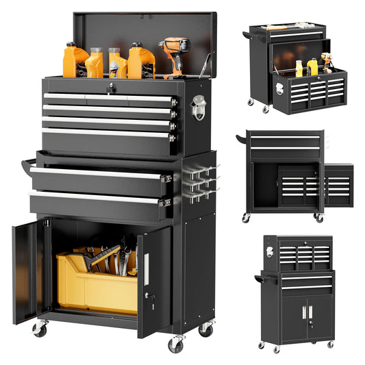 Superday Metal Tool Chest, 8 Drawer Rolling Tool Chest with Wheels, Detachable Tool Storage Cabinet with Lock for Garage, Steel Tool Cart with Liner & Hooks for Workshop, Warehouse (Black)