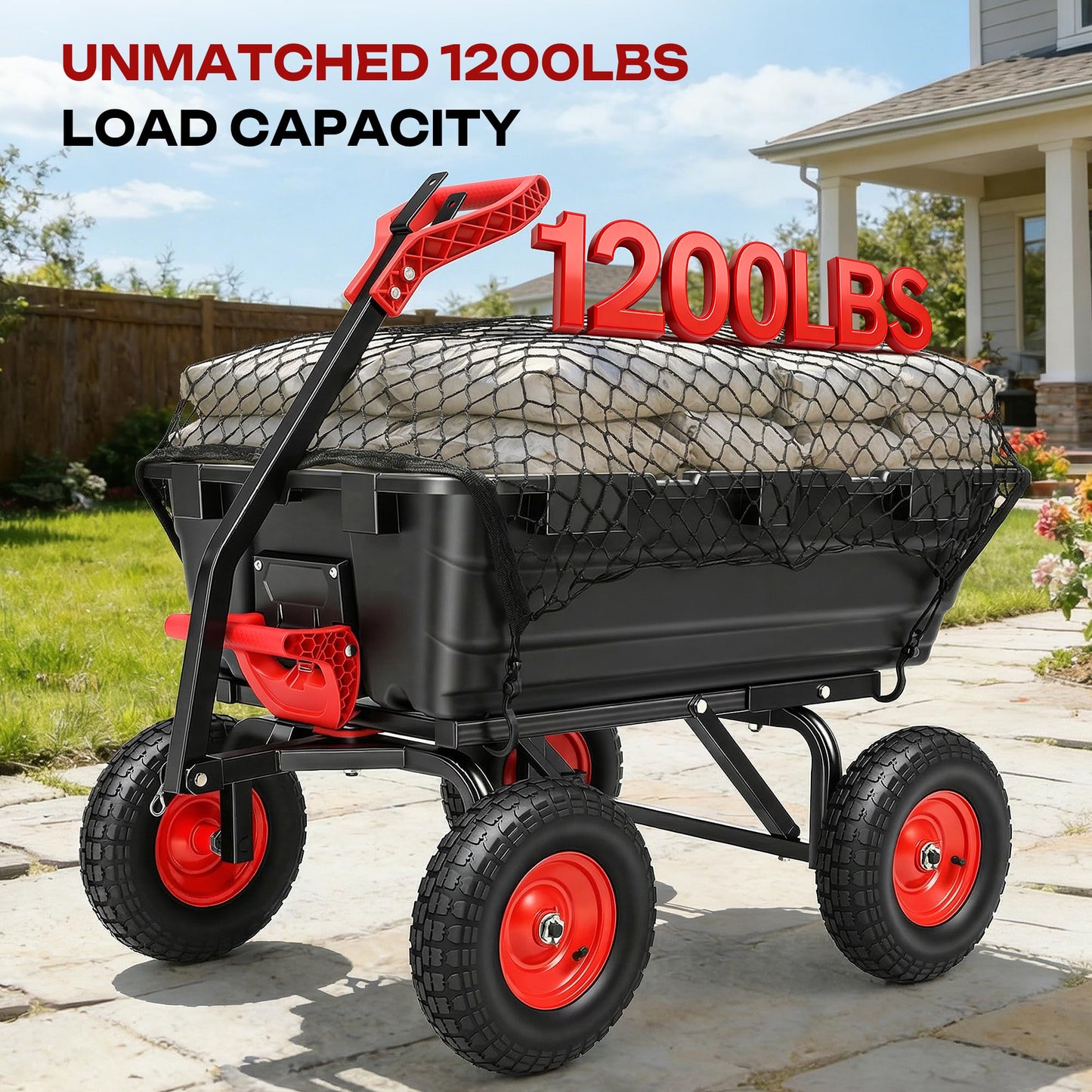 Autodaya 1200lbs Garden Dump Cart,7 Cu.Ft Utility Wagon Cart with Hitch,Heavy Duty Yard Dump Wagon Wheelbarrows with 13" All Terrain Wheels & 2-in-1 Handle,Tow Behind for Lawn Mower Tractor ATV