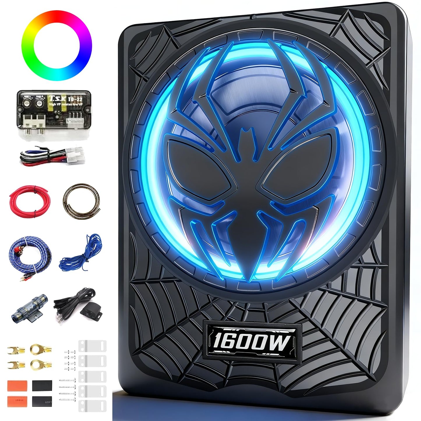 SUBPULSIX 1600W Slim Underseat Car Subwoofer and Amp Package, Powered Under Seat Subwoofer with Built-in Amp, Deep Distortion-Free Bass, RGB LED Ambient Light Switch, for Truck SUV Jeep Car Audio