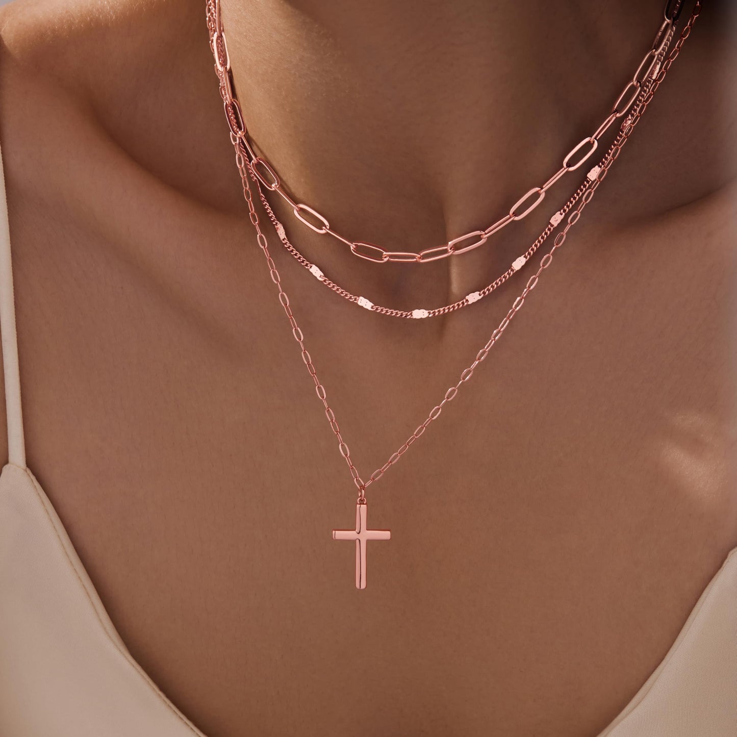 Rose Gold Layered Cross Necklaces for Women,Rose Gold Plated Dainty Stackable Choker Necklaces for Women,Trendy Layering Thin Cross Pendant Paperclip Chain Jewelry Set Gifts