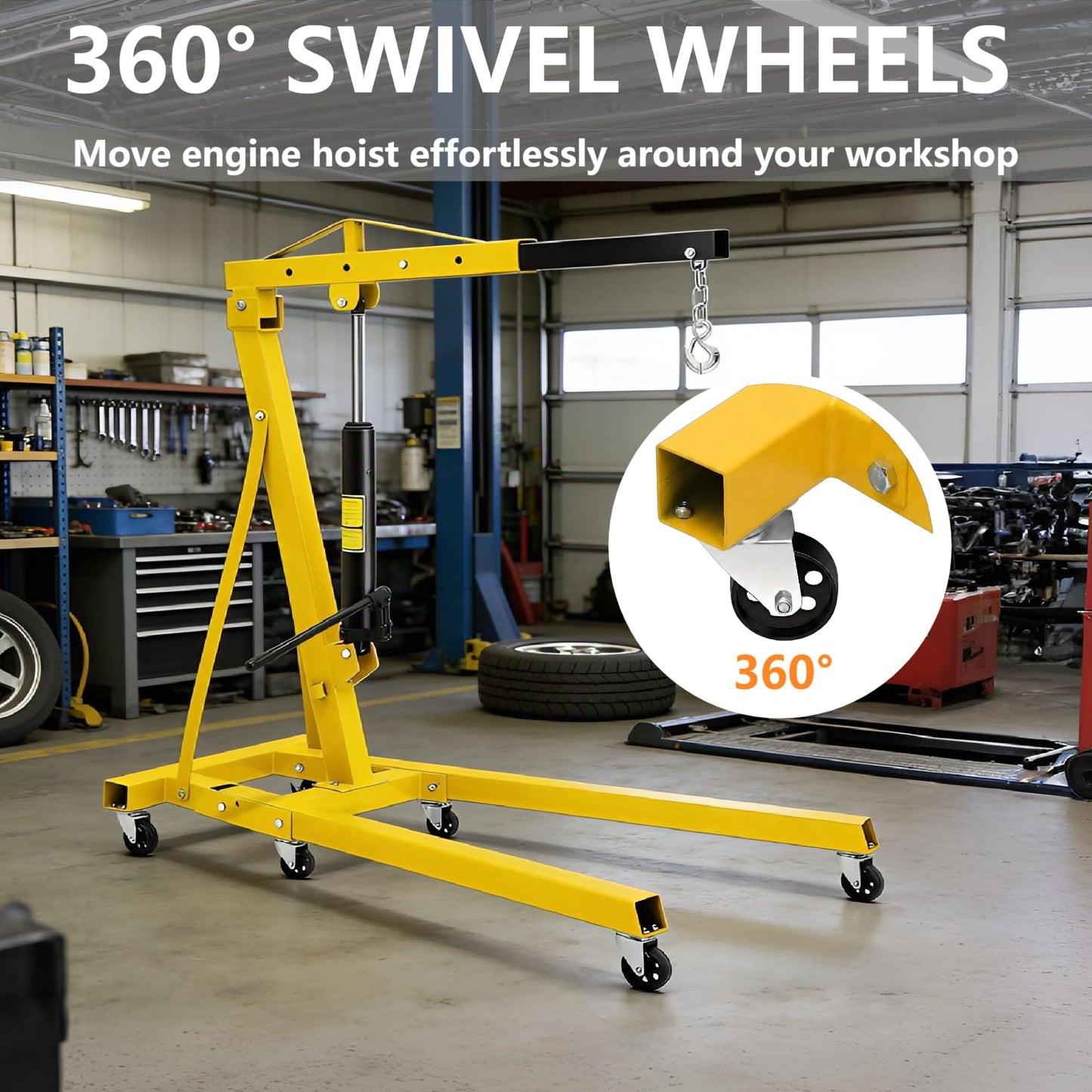 GlowSol 2 Ton Hydraulic Engine Hoist with Lever Stabilizer, Cherry Picker Engine Hoist, 4400LBS Heavy Duty Garage Crane with 6 Swivel Casters & Adjustable Telescopic Boom, for Auto Repair & Workshop