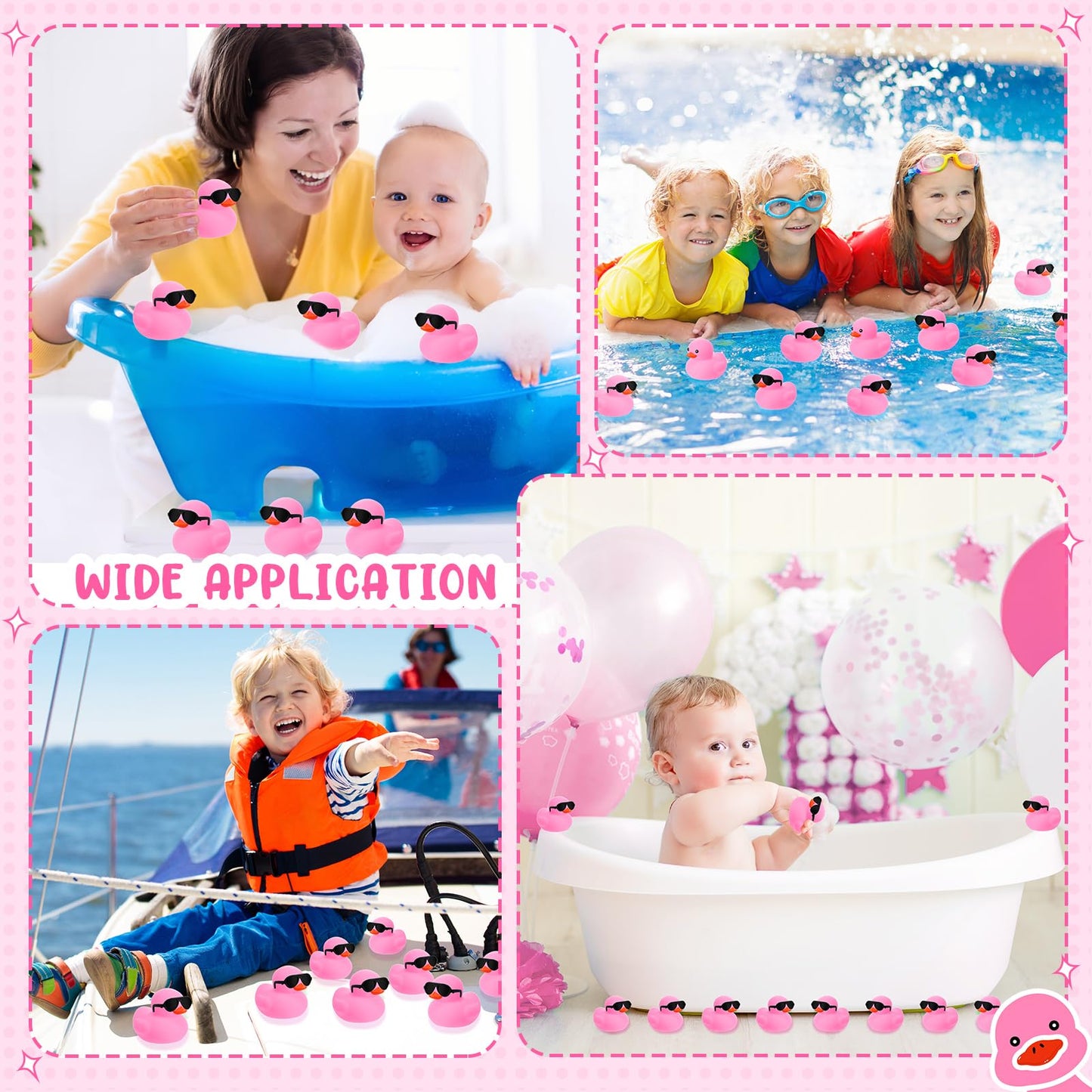 Sosation 48 Pack Mini Rubber Ducks with Sunglasses Sets Squeaky Bath Toys Float Bathtub Duckies for Little One Birthday Party Favors Class Carnival Prizes Car Decor(Pink)
