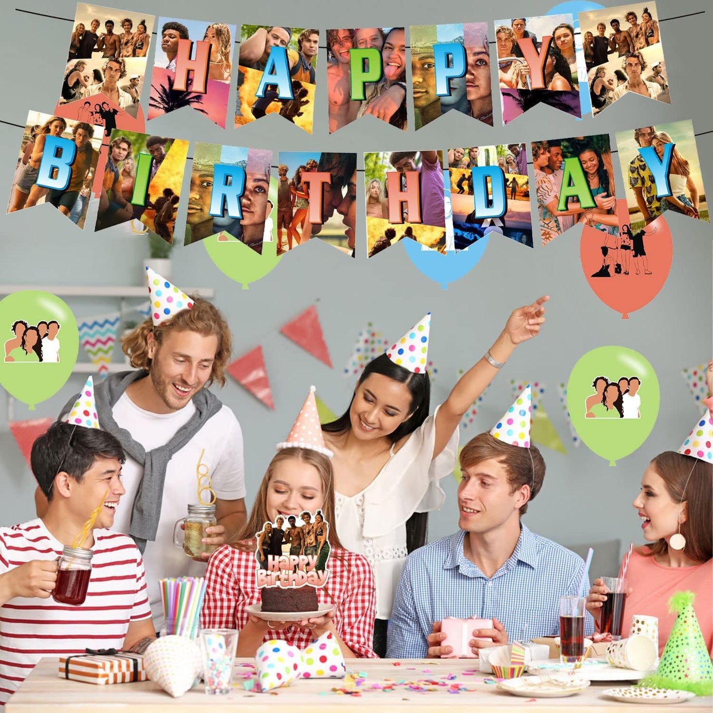 Birthday Party Supplies,Outer Balloons Decorations for Banks Party Happy Birthday Balloons, Cupcake Toppers, Cake Toppers