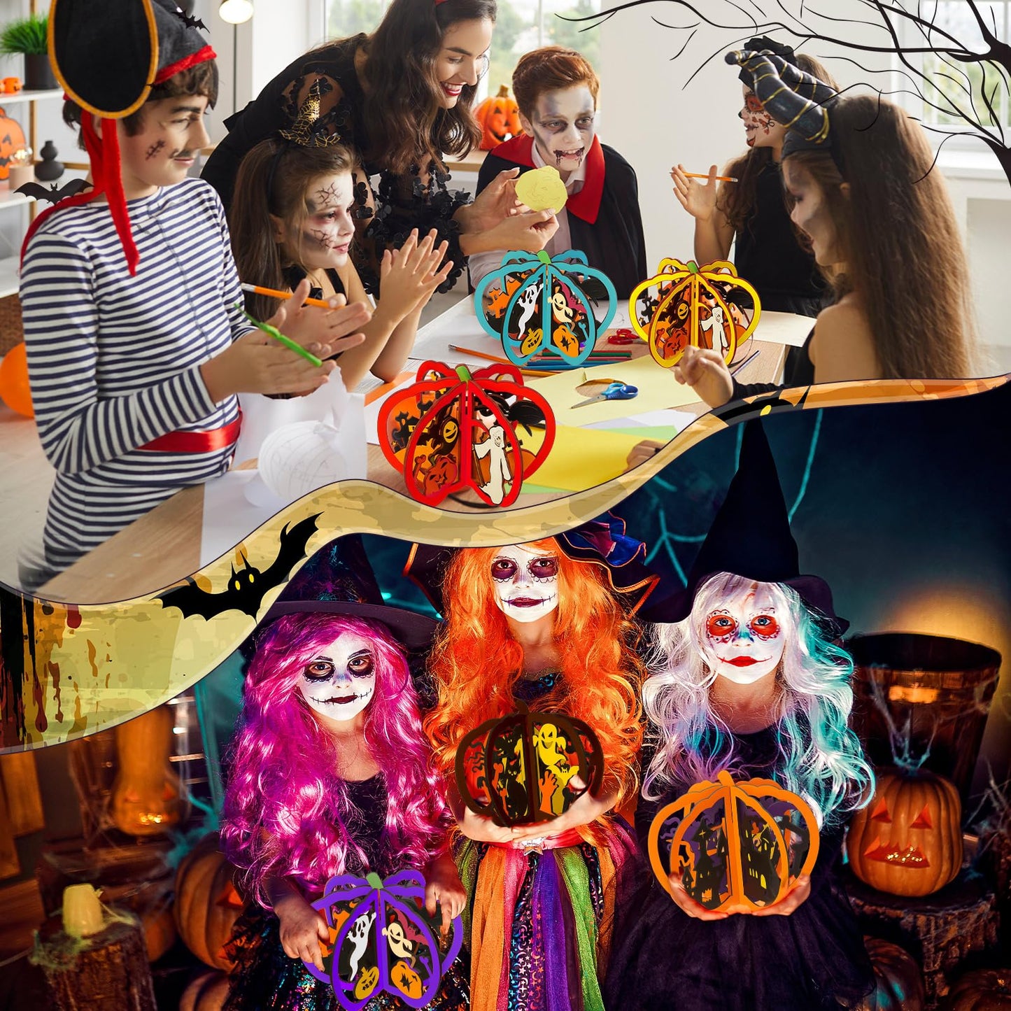 AceOrbit 36 Pcs Halloween Wooden Crafts Kits Pumpkin Bats Spider DIY Unfinished Wooden Slices to Paint 3D Blank Wood Cutouts for Halloween Table Decorations Arts, 6.7" x 7.9"