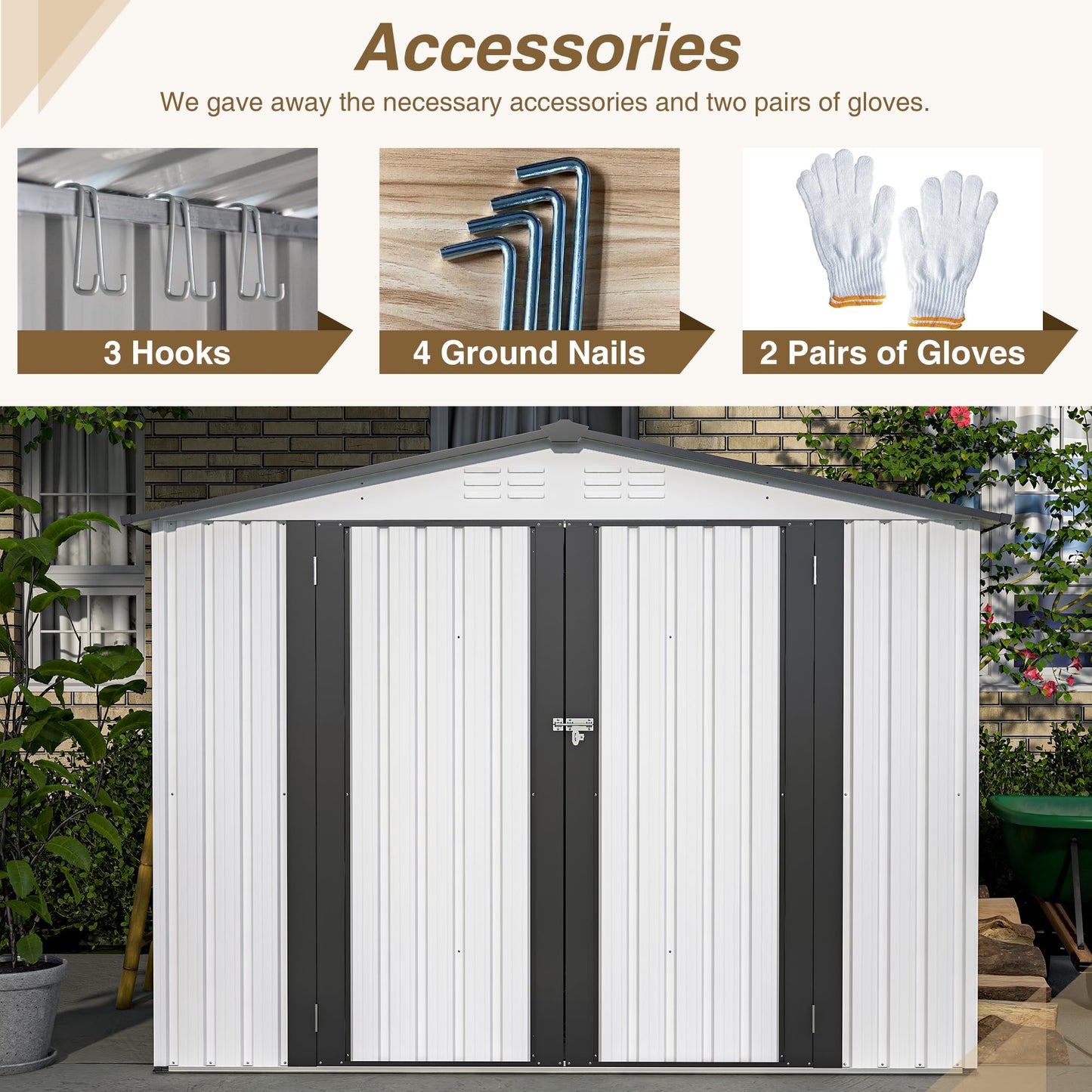 KEIKI Storage Shed 8x6 FT, Large Metal Tool Shed for Outdoor Storage, Galvanized Steel Garden Shed with Lockable Doors for Patio, Backyard, Lawn, White