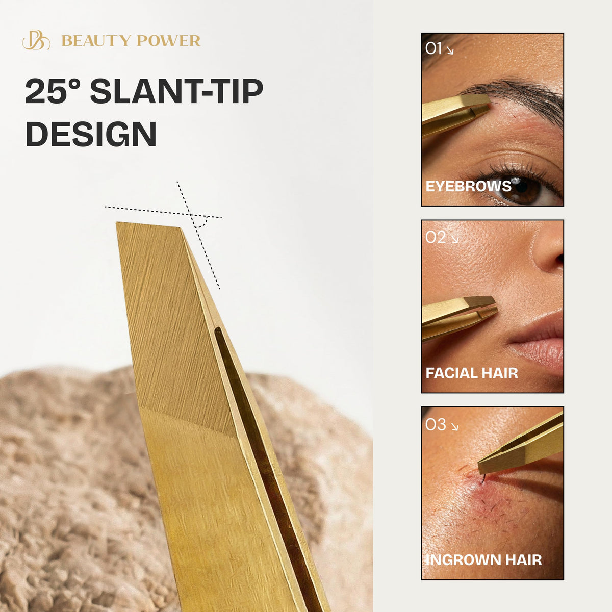 Beauty Power Tweezers for Women Facial Hair: Ultra Precision Tweezers for Women & Men, Sharp Slant Tweezer for Eyebrows, Ingrown Hair Removal. Professional Plucker + Case, German Stainless Steel Gold