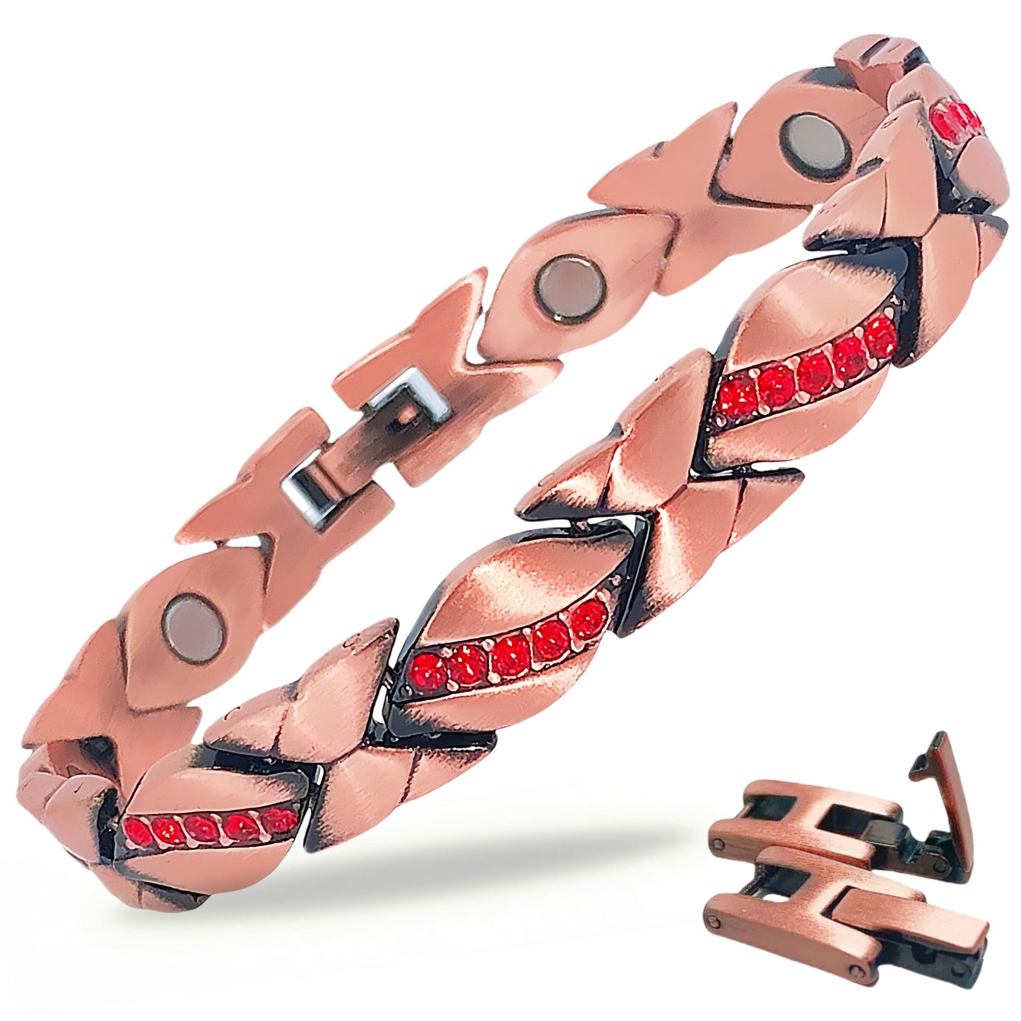 SCVIYRUN Magnetic Copper Bracelets for Women - 99.99% Pure Copper Effective Magnetic Bracelets with Easy 2 Links for Mother (Copper - Orange Red Stone)