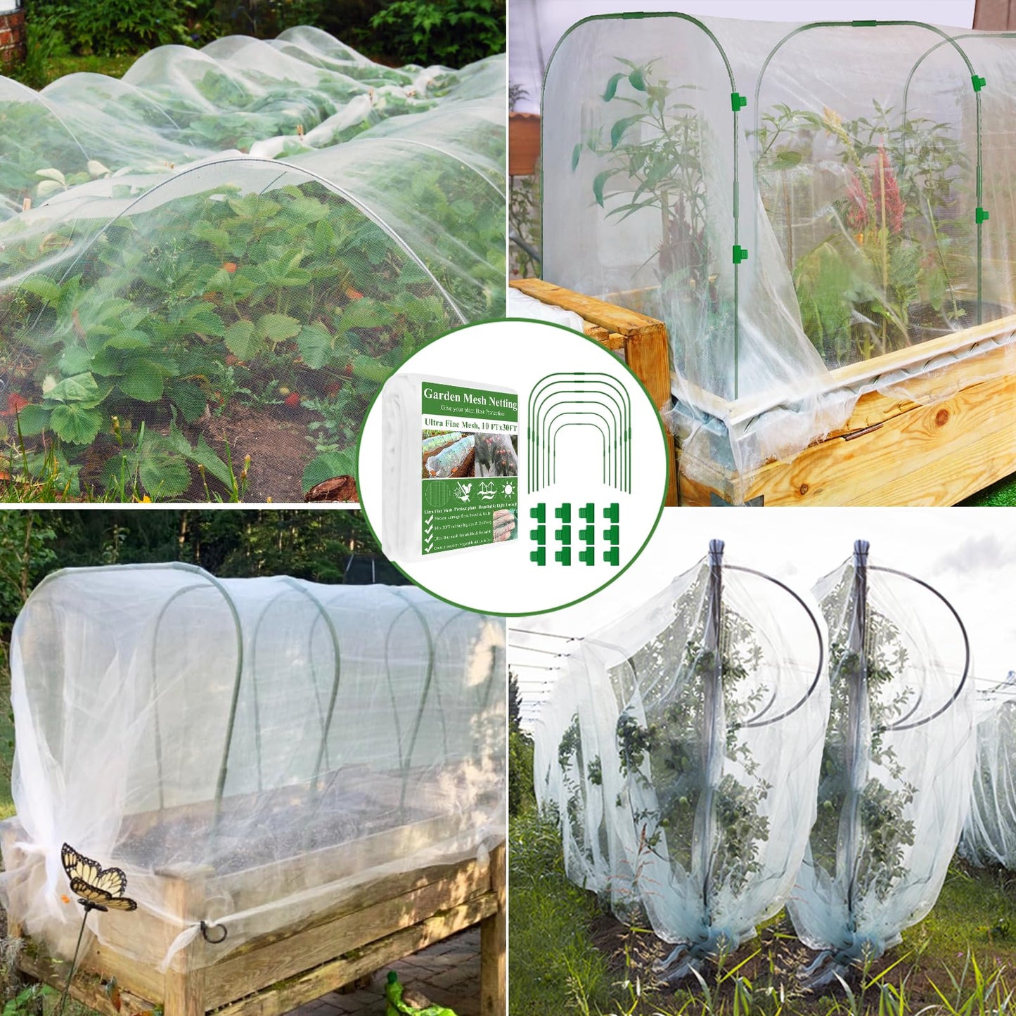 Garden Mesh Netting Kit, Plant Covers 10x30Ft Ultra Fine Mesh Netting & 6Pcs Garden Hoops &18 Clip, Garden Netting Kit for Raised Beds Plants Pest Barrier Greenhouse Row Cover Animal Protection Net
