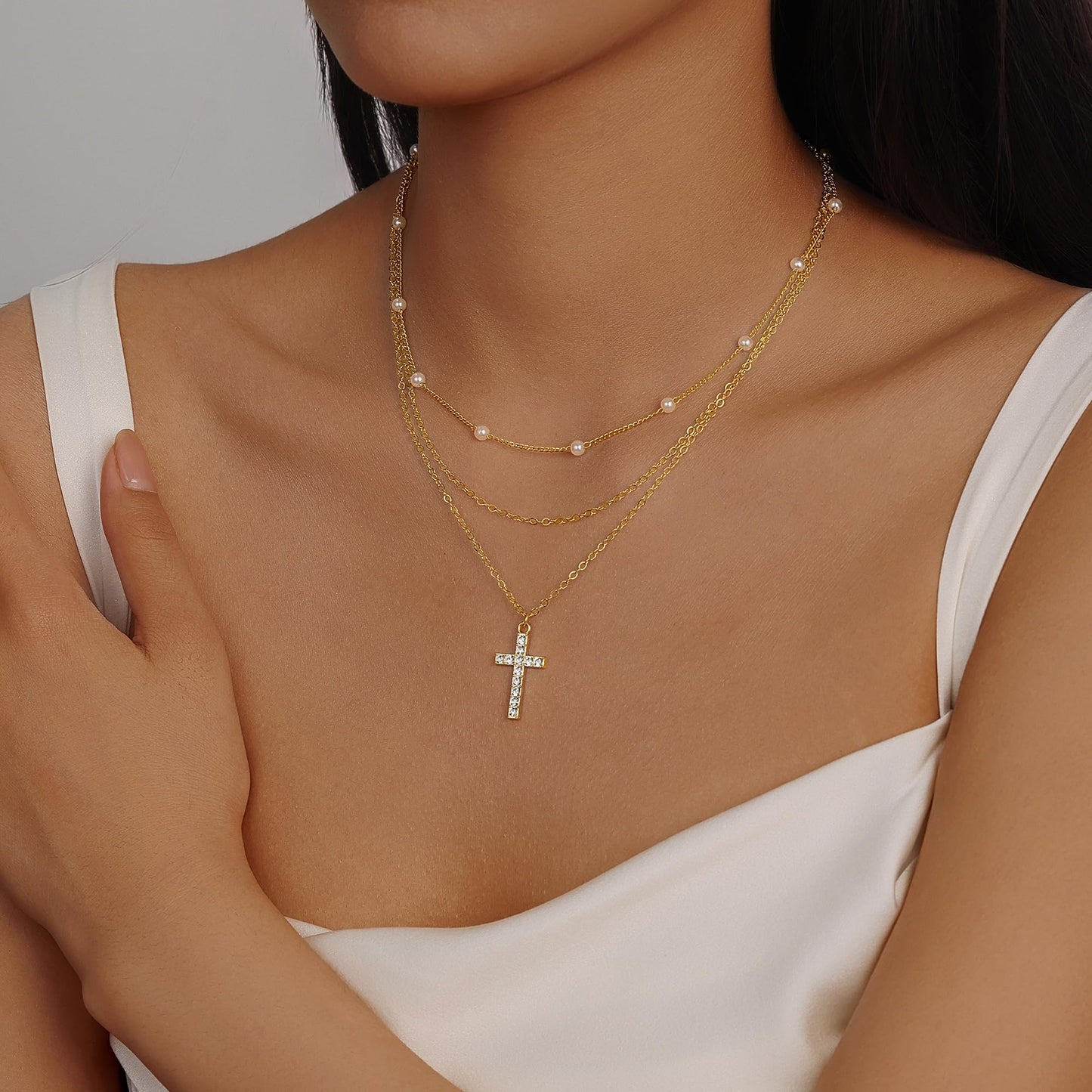 Evabelle Gold Layered Necklace for Women Trendy Jewelry 14K Real Gold Plated Chunky Chain Stackable Necklaces Dainty Choker Necklaces Cubic Zirconia Cross Pendant