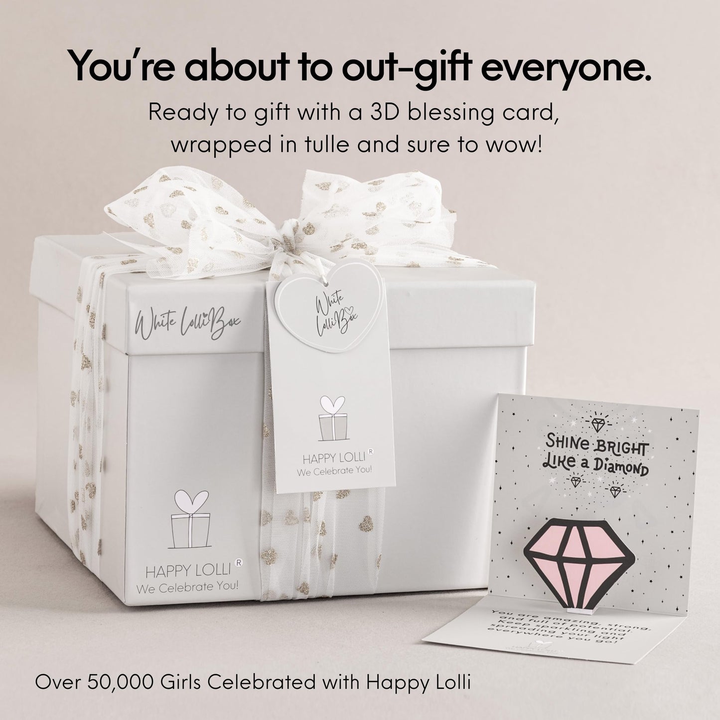HAPPY LOLLI White LolliBox Gift Set for Tween & Teen Girls Ages 8–15, Birthday Gift Box, Ready-to-Gift Surprise Box with 8 Individually Wrapped Gifts & Empowering Challenges