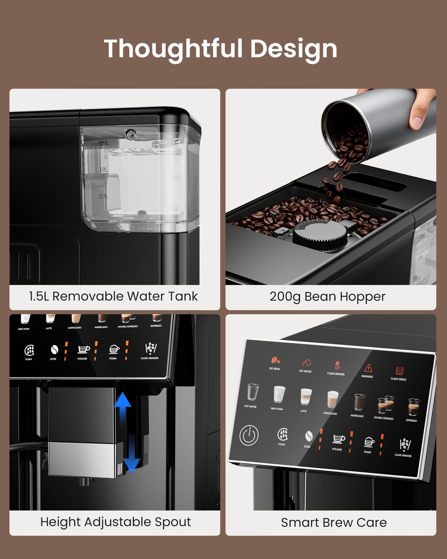 ICEVIVAL Fully Automatic Coffee Machine, 20 Bar Coffee Maker with Grinder, Automatic Espresso Machine with 15 Grinding Levels, Touch Control for Cappuccino & Latte, Auto Self-Cleaning