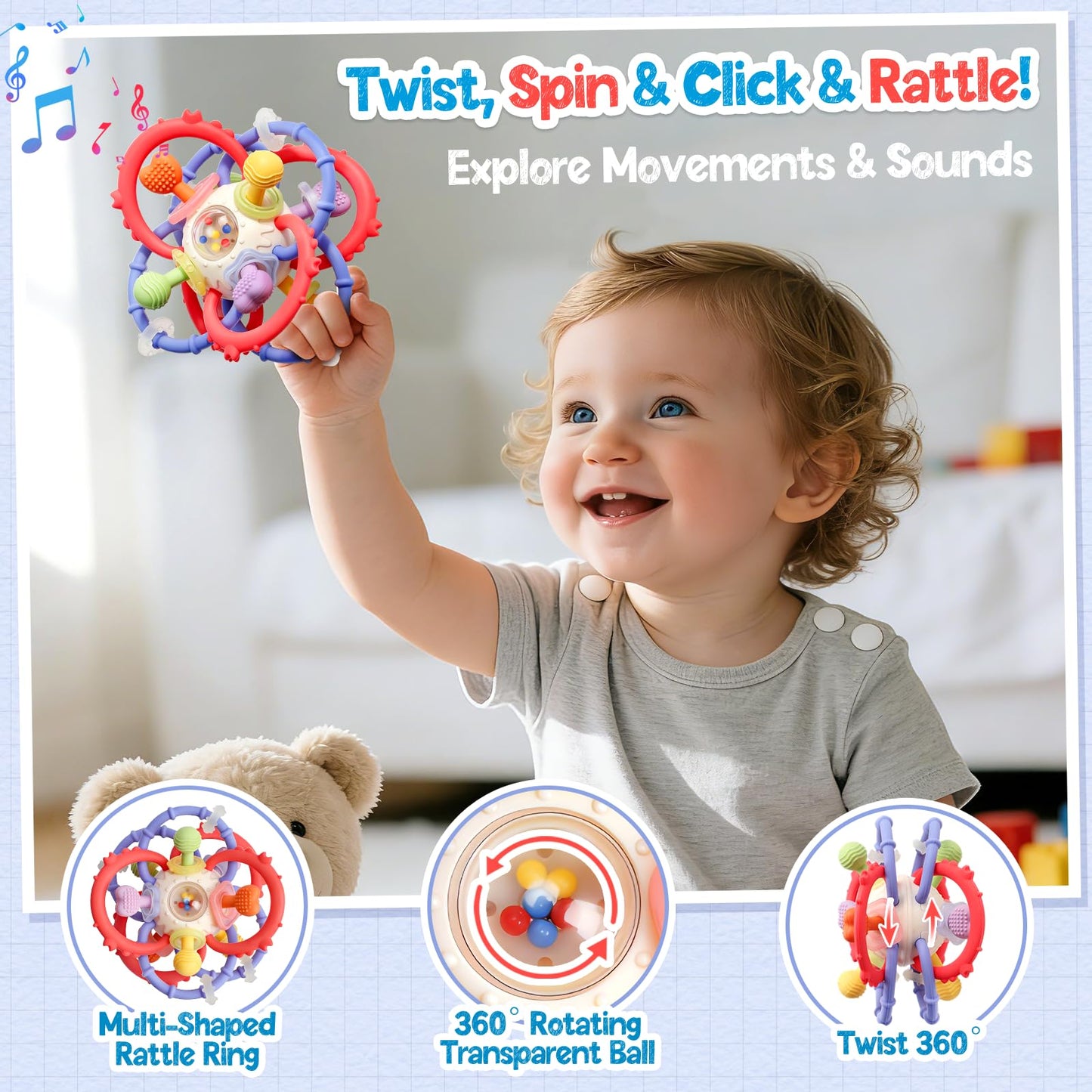 Baby Sensory Teething Toys 0-6 6-12 Months, Multi-Functional Baby Teether & Rattle Toy, BPA-Free Silicone Baby Chew Toy for Teething Relief, Ideal Newborn Infant Shower Gifts for Boys Girls