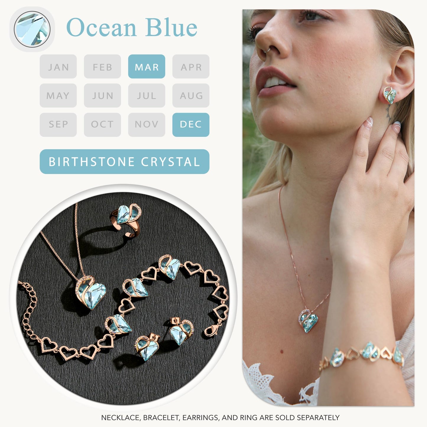 Leafael Gifts for Women Rose Gold Plated Necklaces: Heart Light Blue Crystal, March Birthstone, Hypoallergenic Chain (18"+2"), Birthday Jewelry for Mom, Wife, and Girlfriend