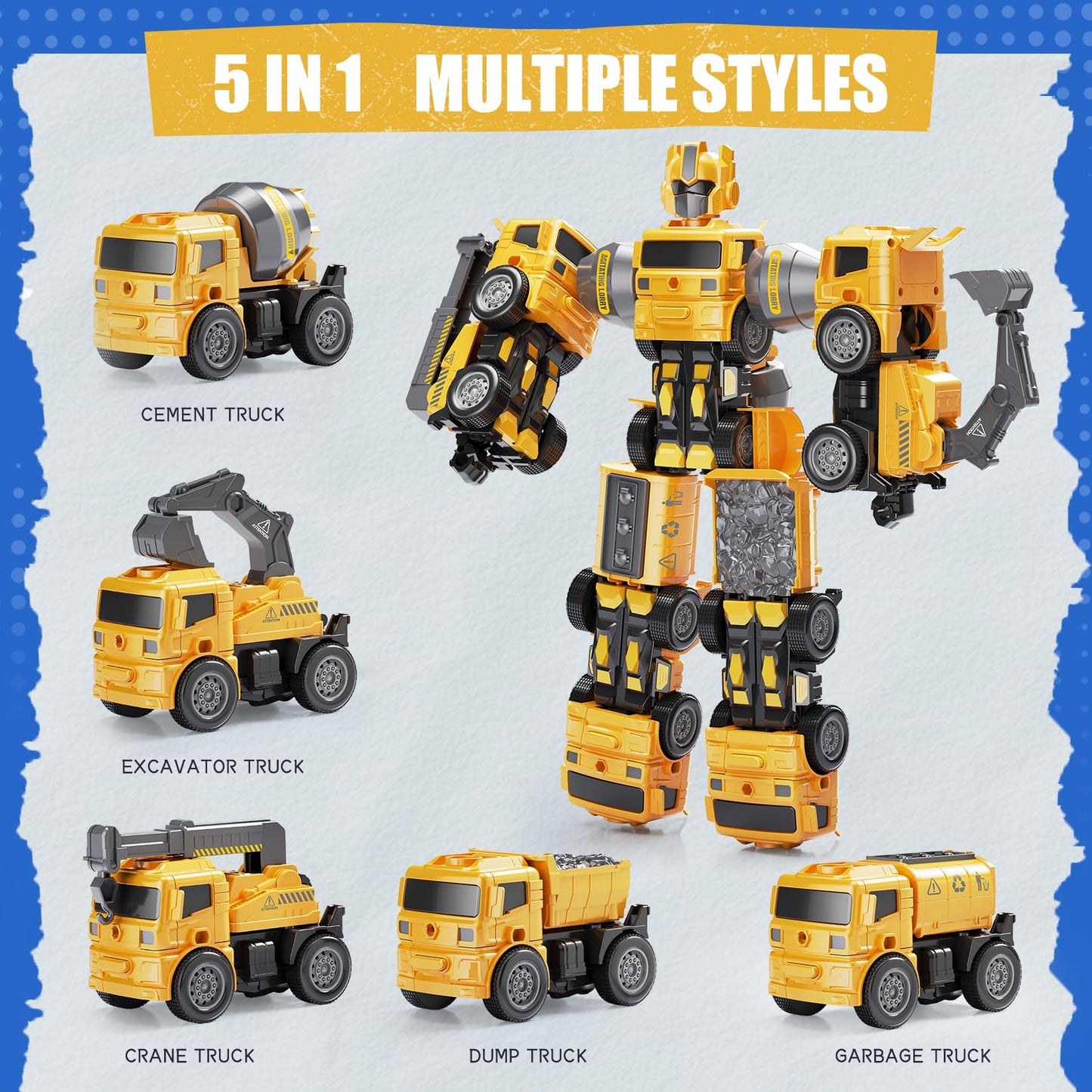 BLUEYAK 3 Year Old Boy Birthday Gift - STEM Toys for Ages 3-8, Construction Transforming Toys，5 in 1 Building Take Apart Trucks Transform to Robot, Boys Toys Stocking Stuffers for Kids Christmas 3-8