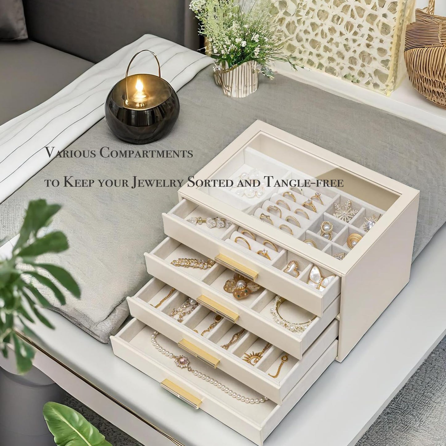 VLANDO 4-Drawer Jewelry Box with Glass Lid, Faux Leather Organizer for Rings Earrings Necklaces and More, Gift-Ready Jewelry Case for Women Girls or Moms, Beige
