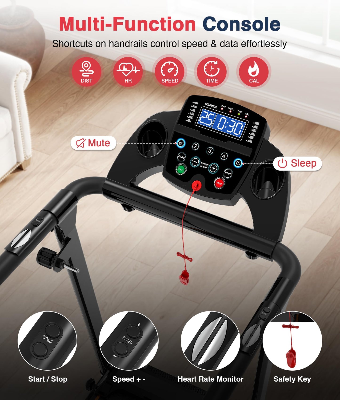 Redliro Treadmill for Seniors with Long handrails - 300 lbs Capacity Walking Treadmill for Seniors with 0%-2% Incline, Foldable, Heart Rate Monitor, Mute Home Recovery Walking Machine for Seniors
