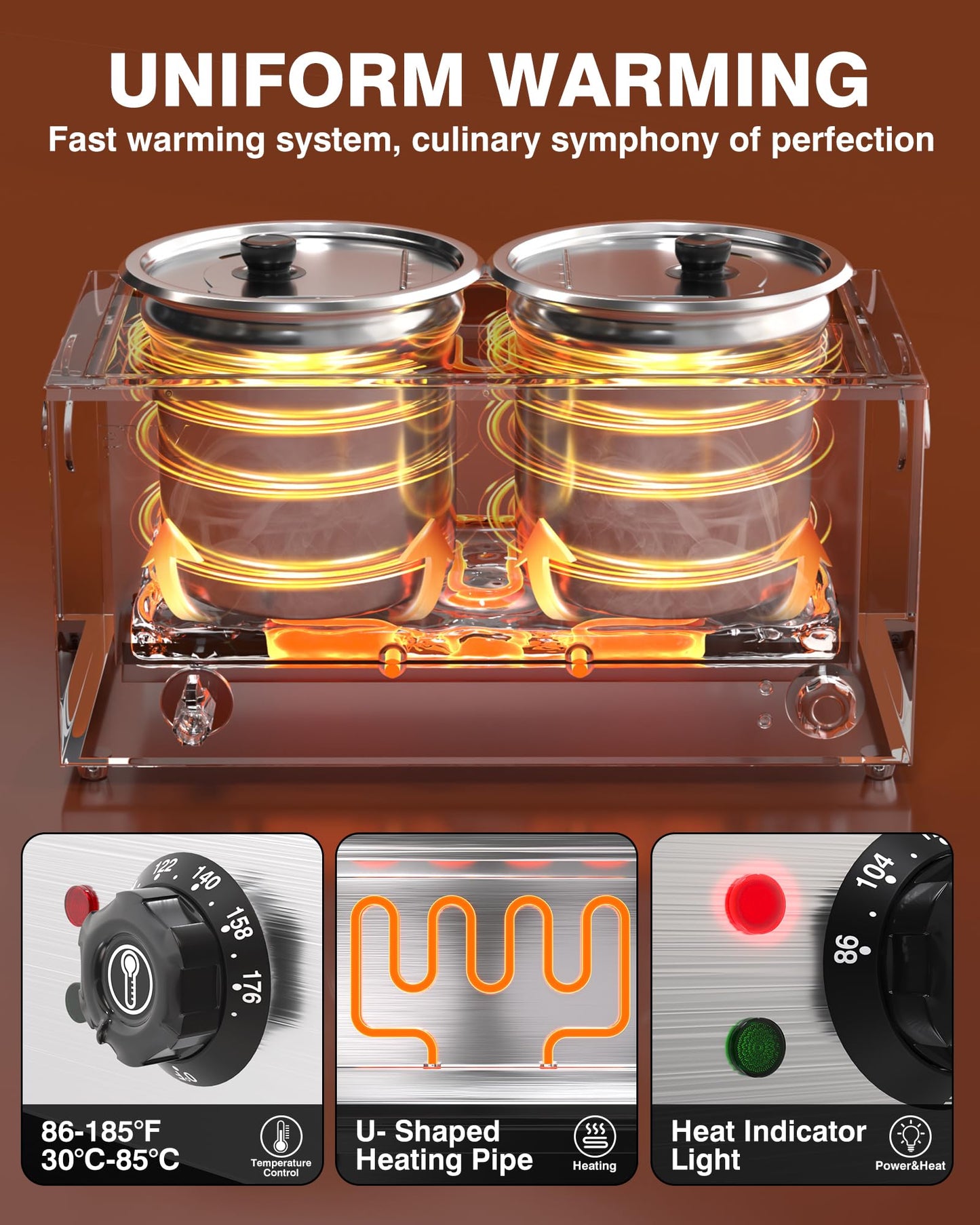 PYY Soup Warmer Commercial - Two 9.2QT Stainless Steel Bain Marie Round Pot 86~185°F Adjustable Temp, 1500W Electric Soup Warmer Countertop with Anti-Dry Burn and Reset Button for Restaurant, Buffet