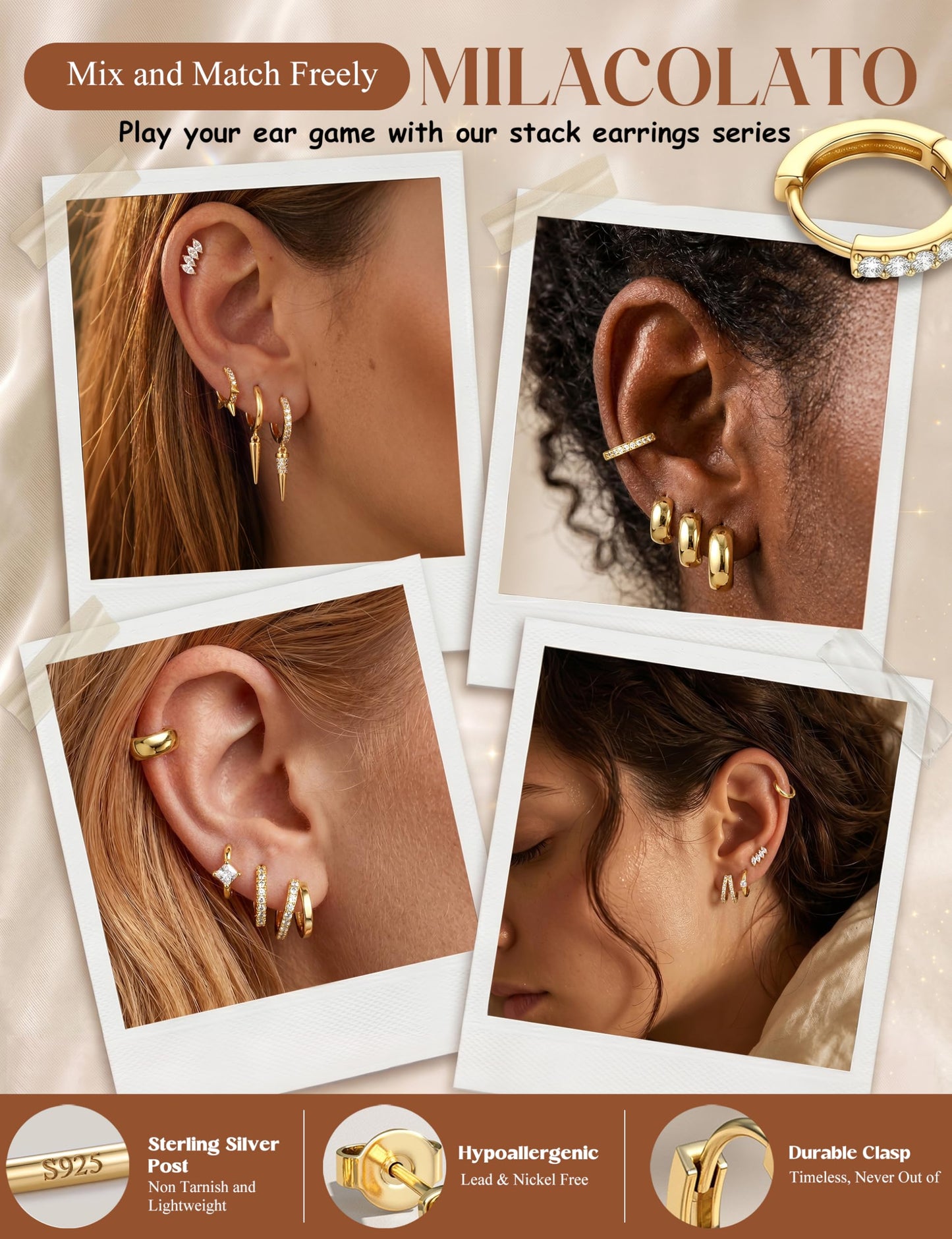 MILACOLATO 3Pairs 14K Gold Filled Hoop Earrings Set for Women Trendy Sterling Silver Post Small Chunky Hoop Earring Hypoallergenic Thick Huggie Hoop Earrings Stacks for Multiple Piercing Lightweight