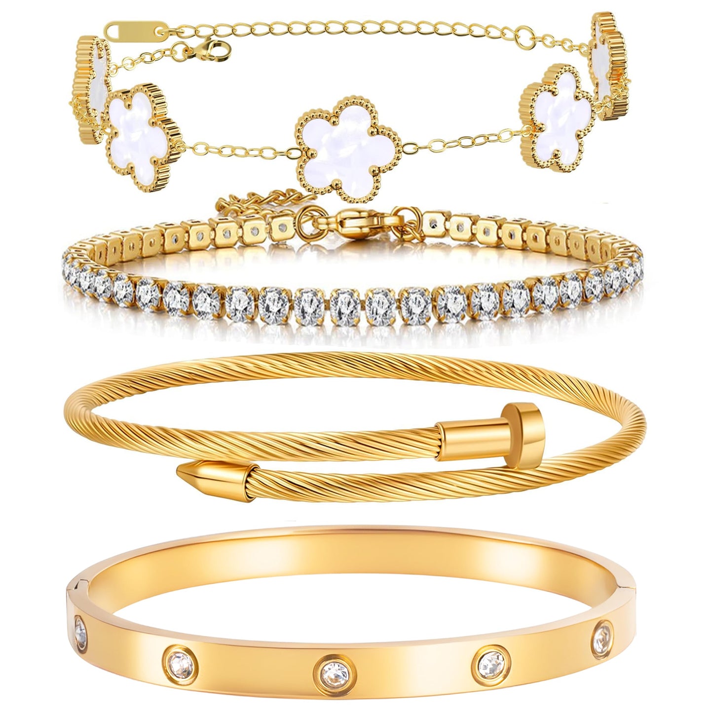 Lamdo 18K Gold Plated Womens Stackable Floral Gold Clover Bracelets Set Love Bangle Bracelets Non Tarnish, Gold Bracelet Set Trendy Jewelry,Gifts for Women's Day and Mother's Day
