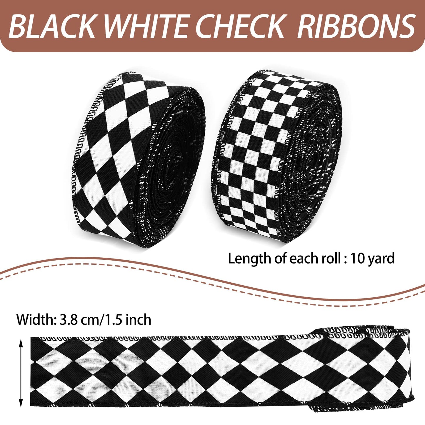 Waydress 2 Rolls/ 20 Yards Black and White Checkered Ribbons Buffalo Checked Harlequin Wired Diamond Gingham Ribbon for Gift Wrapping Racing Car Party DIY Wreath Decor Craft Hair Bow(1.5 Inch Wide)