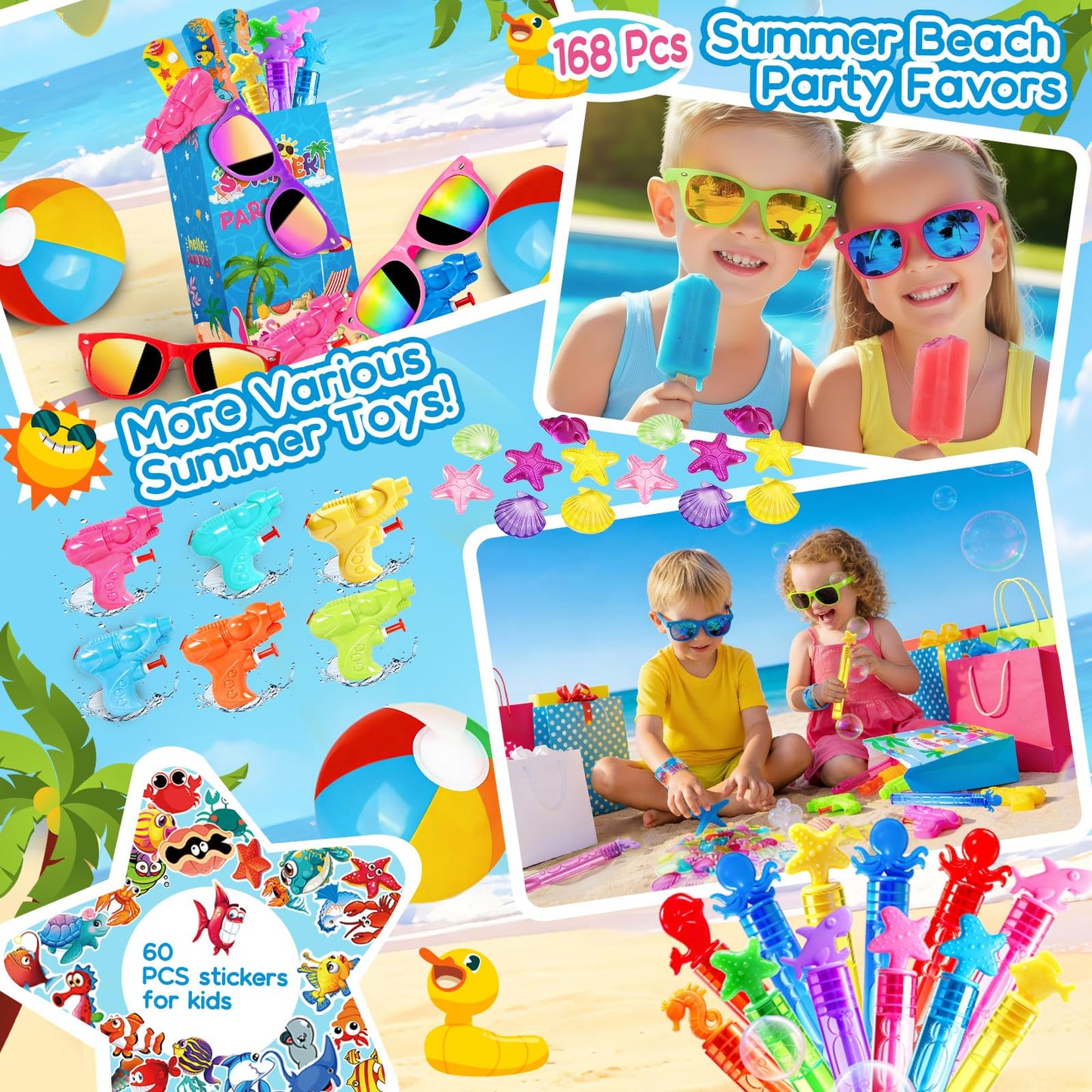 Pool Party Favors and Beach Party Favors 168pcs Summer Party Toys for Kids,Including Beach Balls, Sunglasses, Bubble Wands Party Supplies for Summer Birthday Ages 4-8 8-12