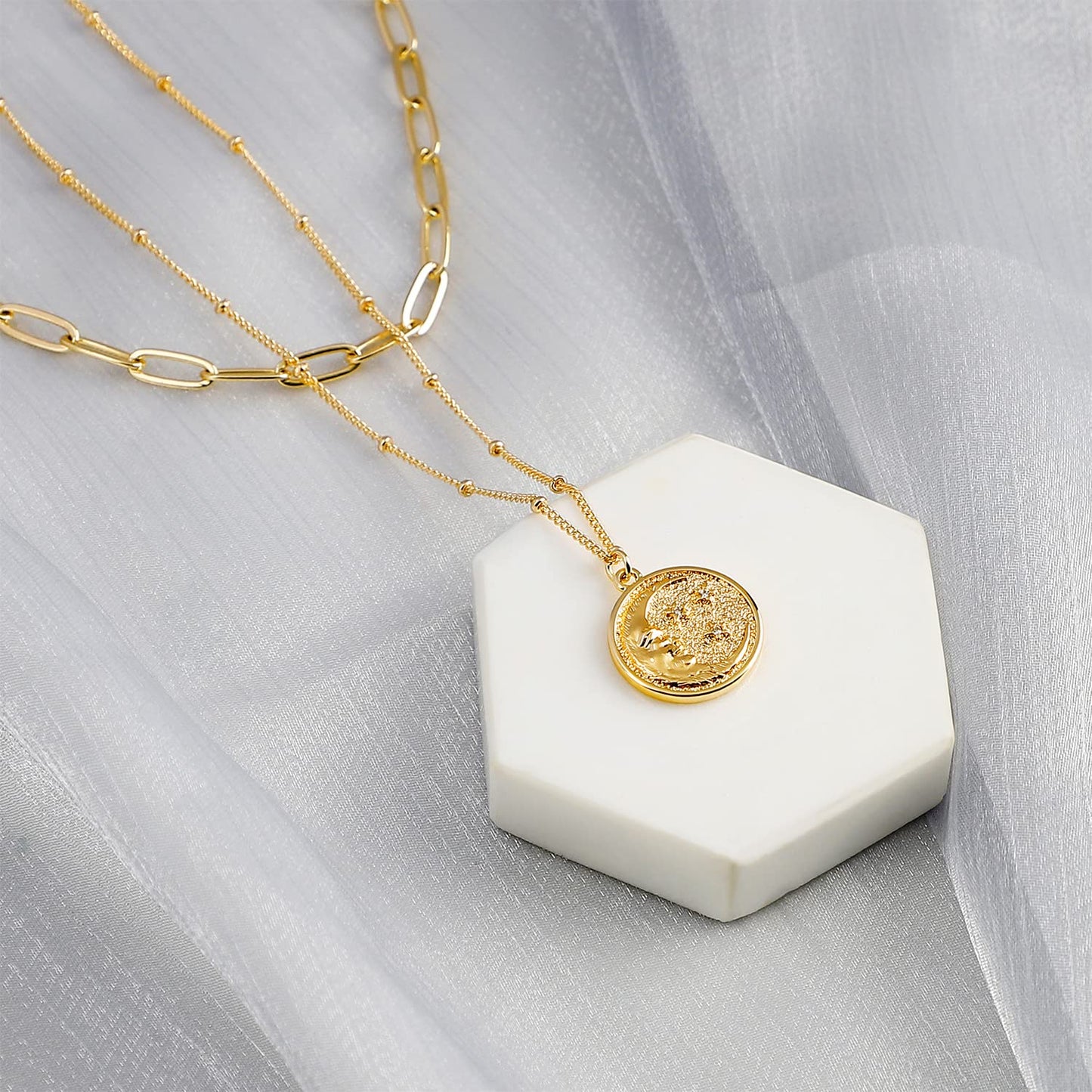 MEVECCO Gold Layered Choker Necklace for Women, 18K Gold Plated Dainty CZ Cresent Moon Pendant Minimalist Paperclip Double Layer Necklace for Jewelry