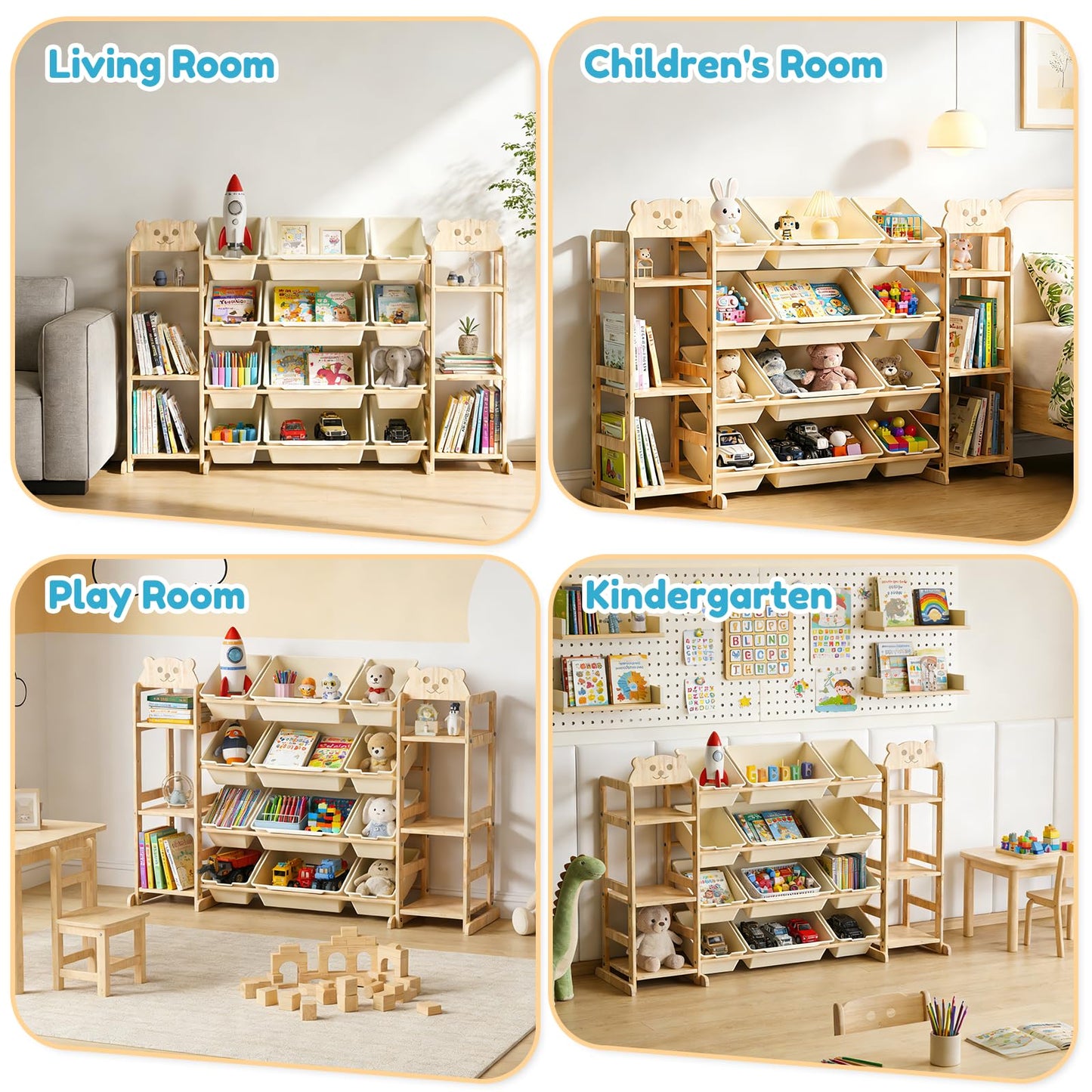 Toy Storage Organizer, Extra Large WoodenToy Storage, with 6 Side Shelves and 12 Bins, 3 -in-1 Bookshelf for Bedroom Playroom, Nursery, Wood Kids Toy Shelf and Bookcase 52.3"W x 13.5"D x 31.5"H