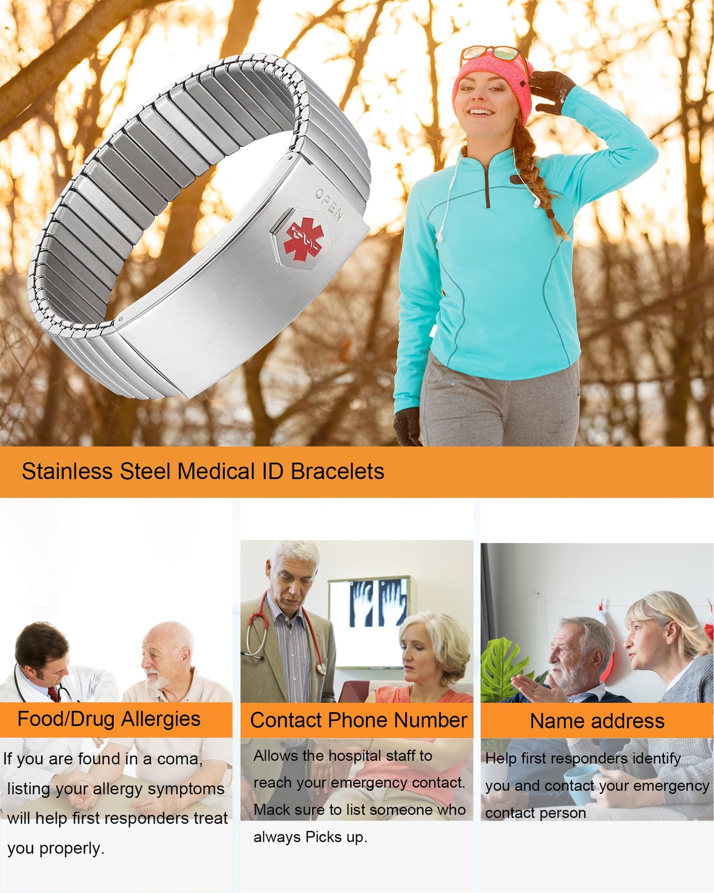 EnerMagiX Medical Alert Id Bracelet for Men Women, Silver Stainless Steel Elastic Medical ID Bracelet for Diabetes, Allergies, Epilepsy, Penicillin, Writeable Cards