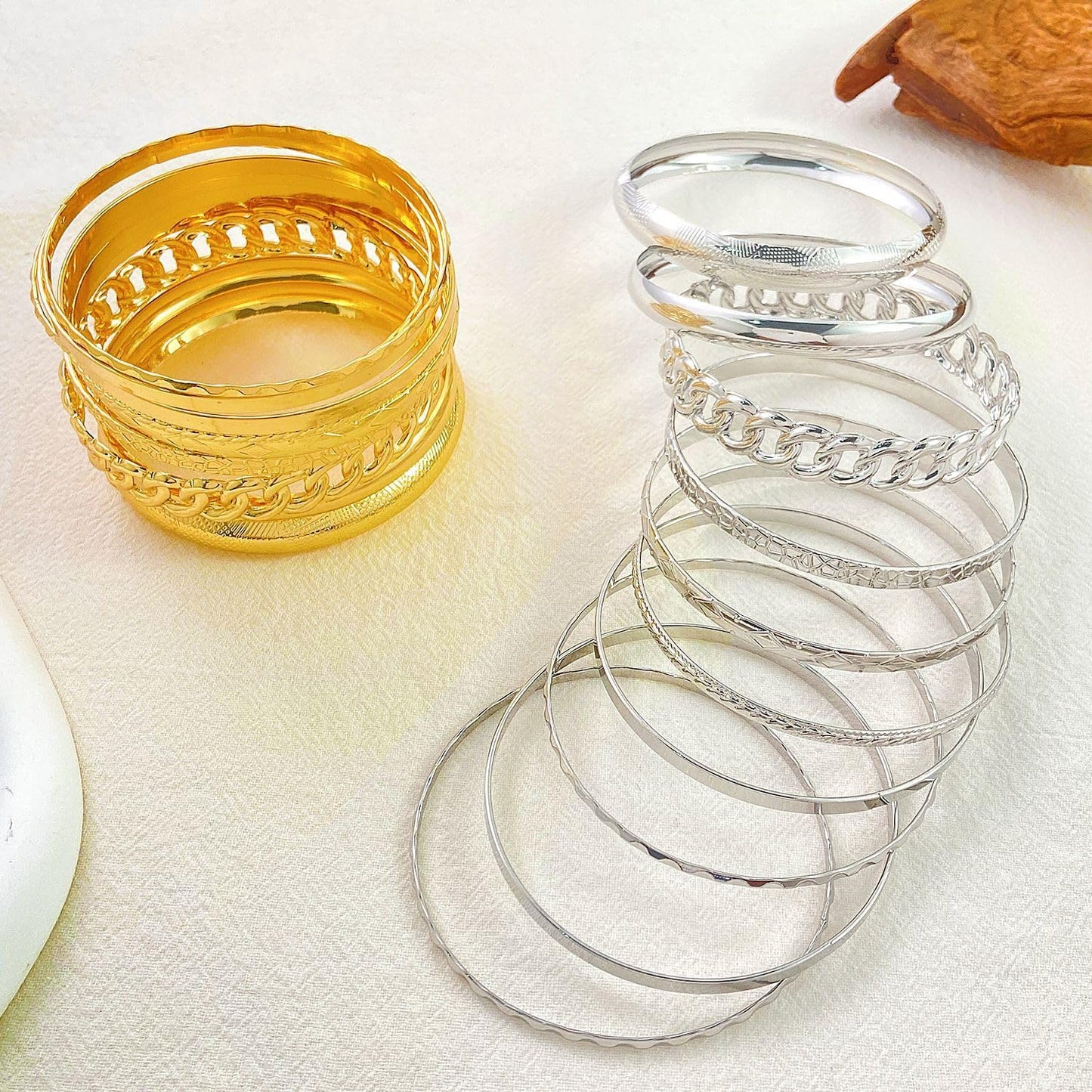RINTOLER 10Pcs Chunky Silver Bangle Bracelets Set for Women - Multi Layer Stackable Textured Bracelets Indian Bangles Boho Jewelry Set (B-10PC-Silver)