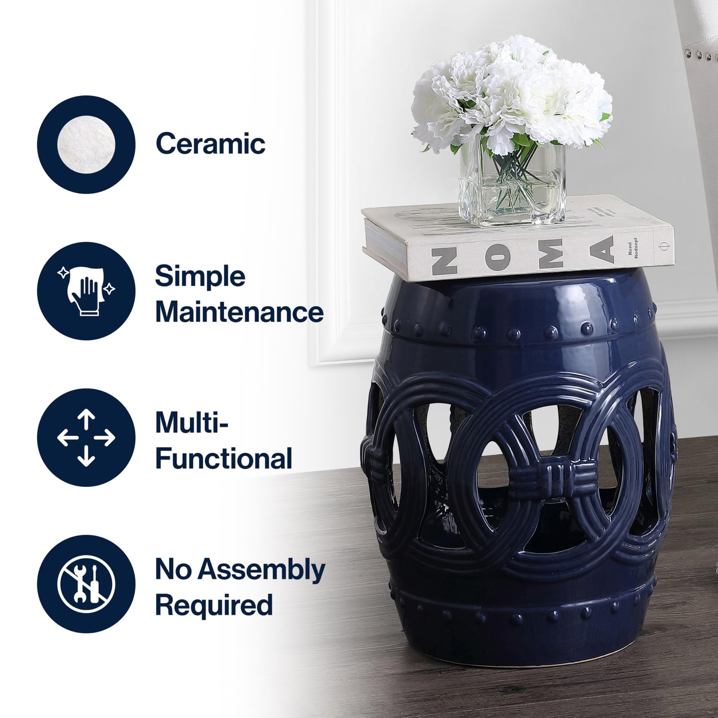 JONATHAN Y TBL1022B Lucky Coins 16" Chinese Ceramic Drum Indoor/Outdoor Garden Stool Bohemian, Coastal, Classic, Cottage, French Country, Traditional, Side Table, Plant Stand, Spill-Proof, Navy