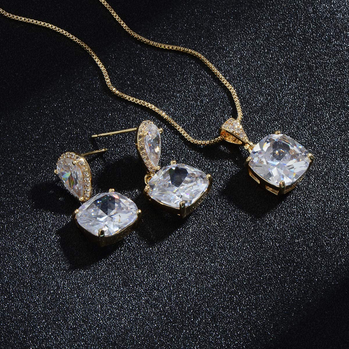AMYJANE Jewelry Set - Women's Sterling Silver Square Teardrop Clear CZ Rhinestone Necklace and Earrings Set Bridal Jewelry Sets for Wedding Bride Bridesmaids Mother of Bride