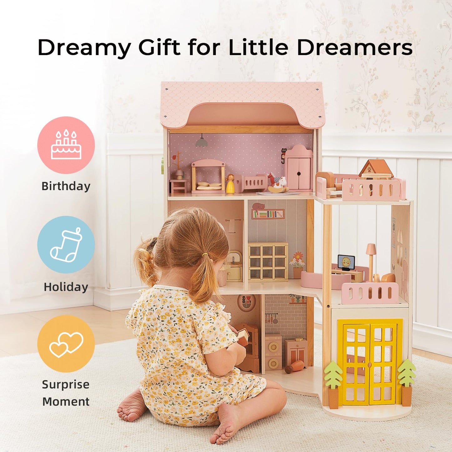 OOOK Wooden Dollhouse with 60 Pcs Luxurious Furniture Accessories, Including 4 Dolls and 2 Pets, Large 3-Story Doll House with 6 Rooms, Doll House for 3 Year Old