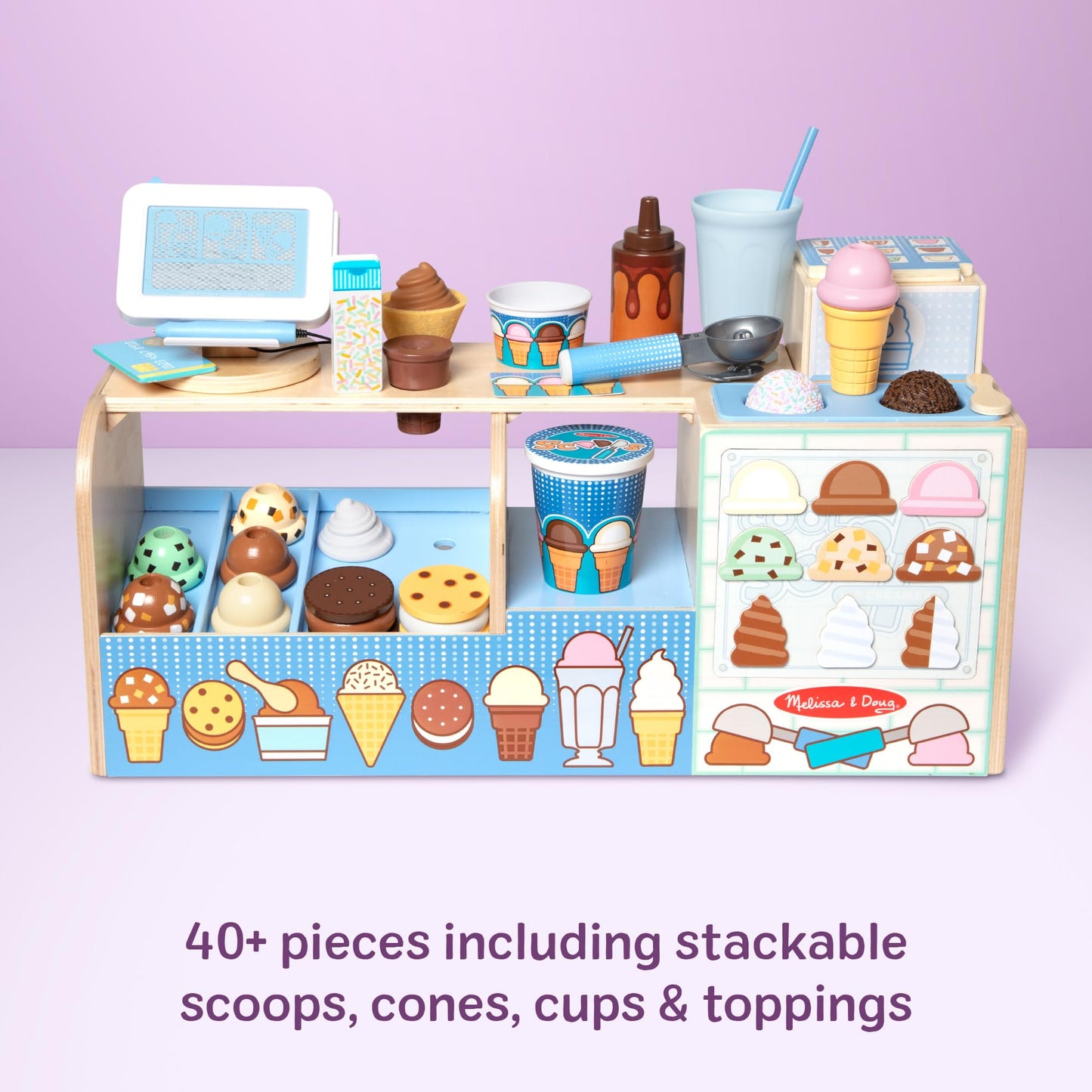 Melissa & Doug Cool Scoops Ice Creamery, Wooden Ice Cream Shop & Counter with Play Food & Play Kitchen Accessories, Preschool Learning Toys for Girls & Boys 3+ - FSC Certified