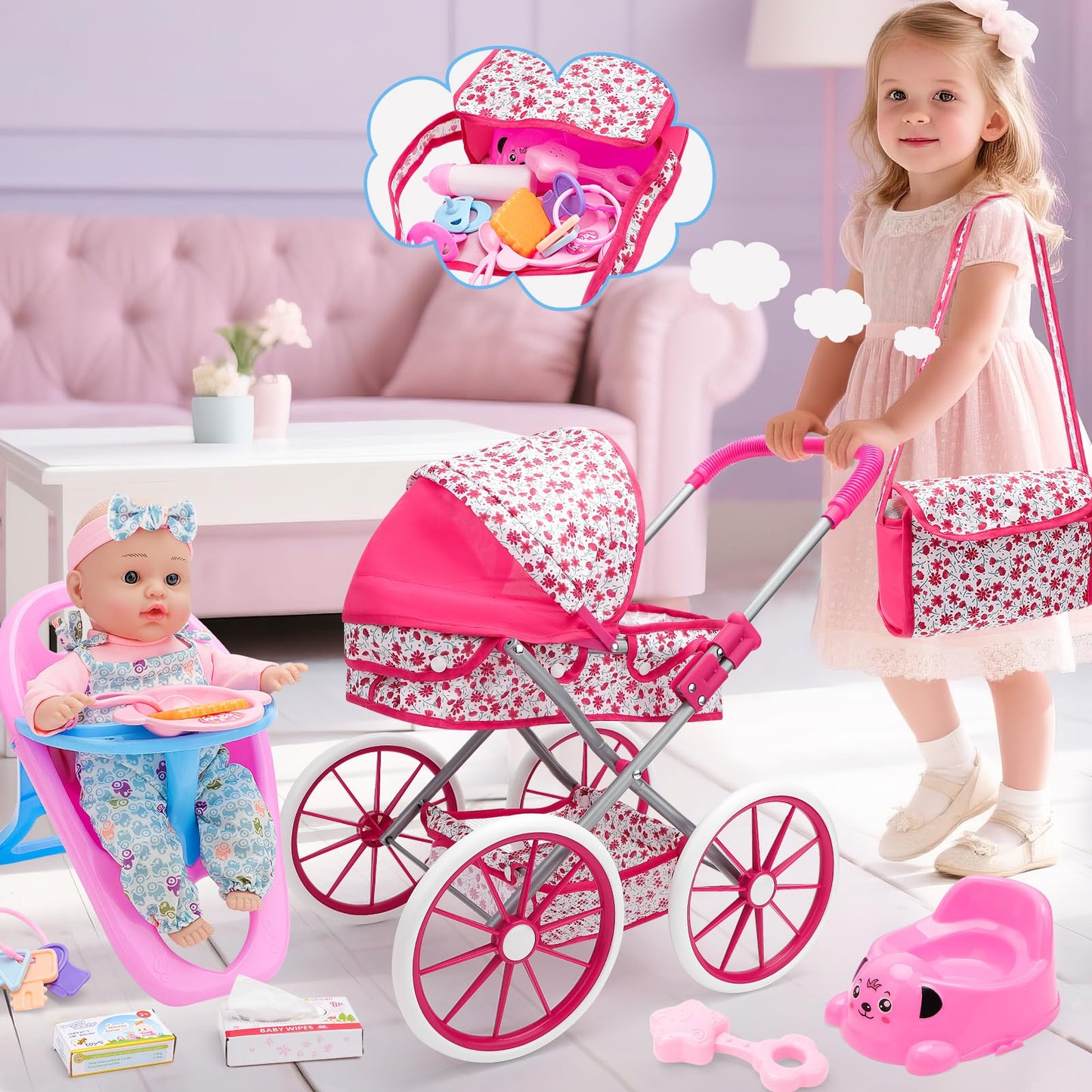 deAO Baby Doll Stroller Set Baby Doll Accessories Playset Pretend Play Toys with 12" Baby Doll,Foldable Stroller,2 Sets Doll Clothes High Chair Christmas Birthday Gift for Toddler Girls 3-7